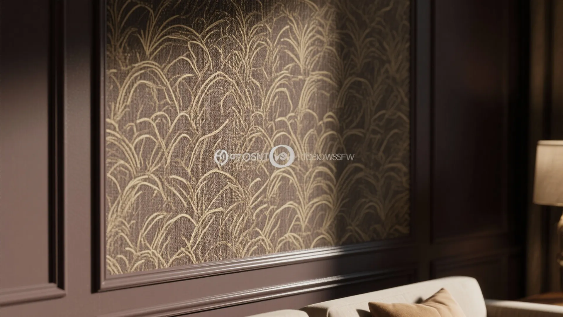 Close up view of patterned brown wall panel with white sofa and lamp in living room