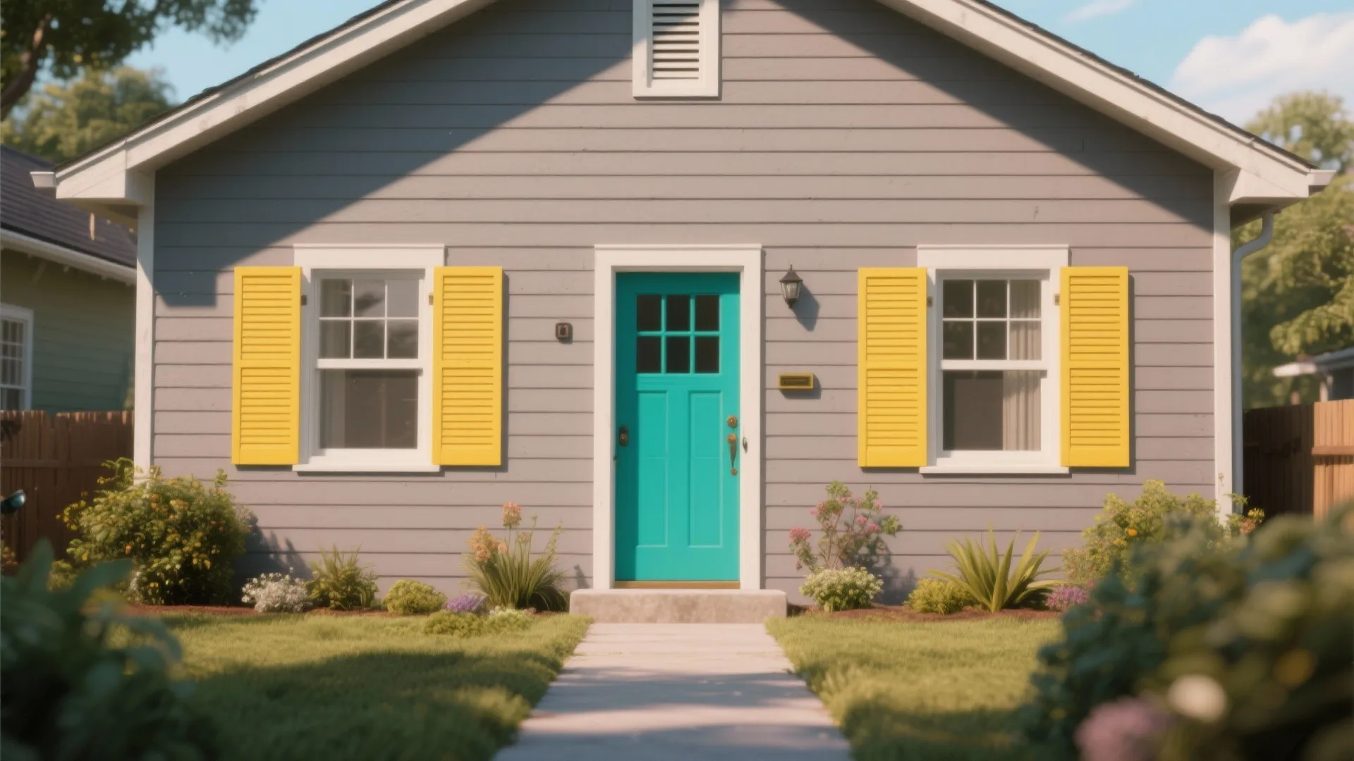 Small grey house with a bright blue front door and yellow shutters on the windows