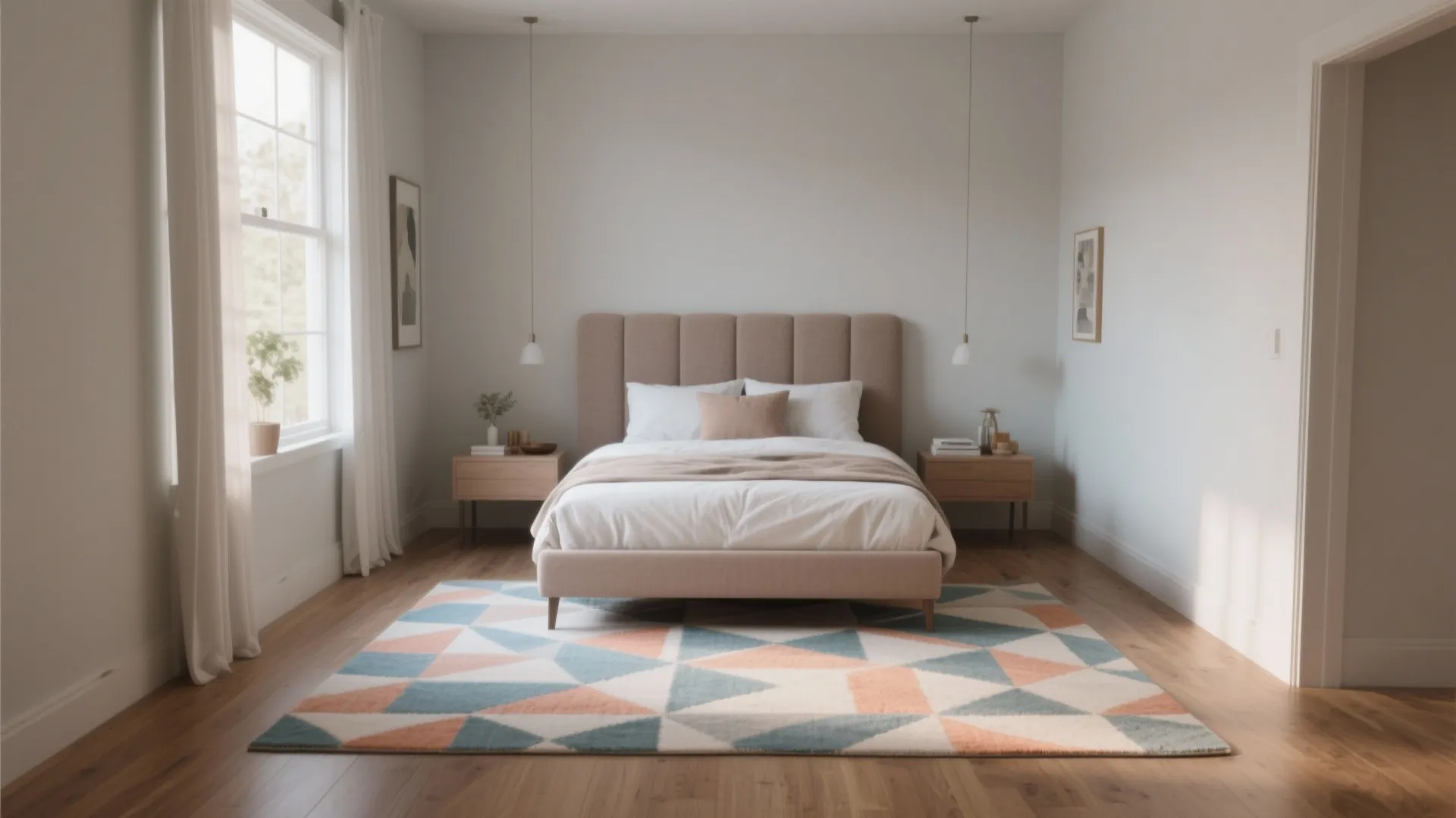 Taupe headboard with geometric area rug in small bedroom