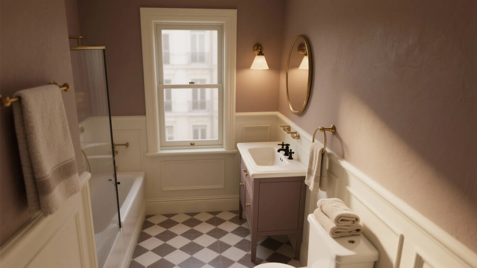 Elegant bathroom featuring purple walls, checkered floor, white wall panel, cabinet sink, and gold mirror