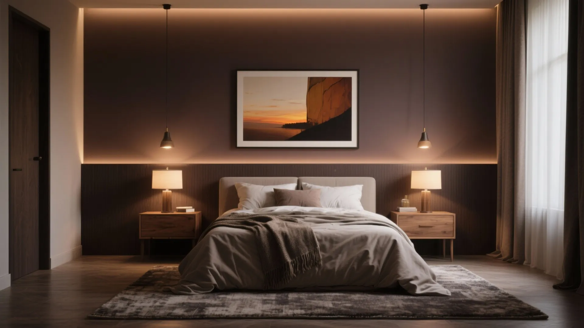 Moody bedroom with deep taupe walls, layered lighting, soft rug, and natural wood nightstand.