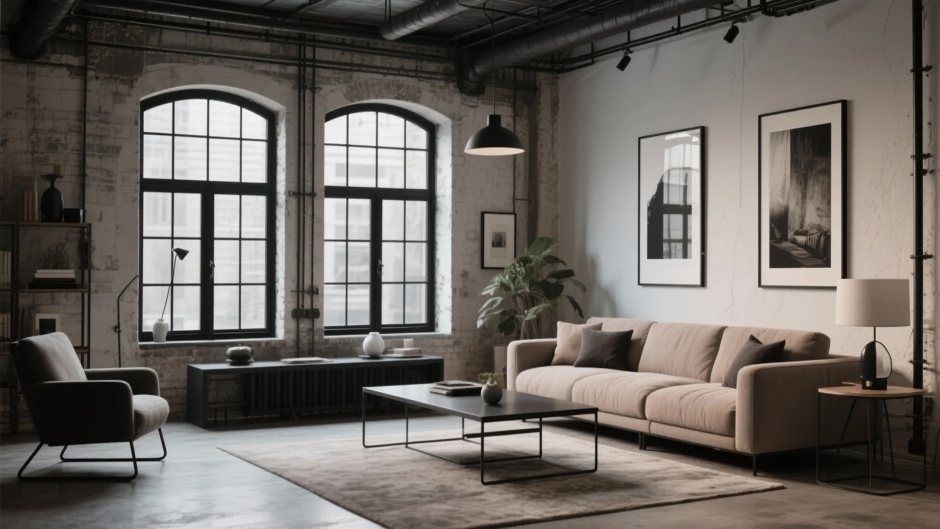 Industrial living room with brick walls black windows taupe sofa rug and a metal table