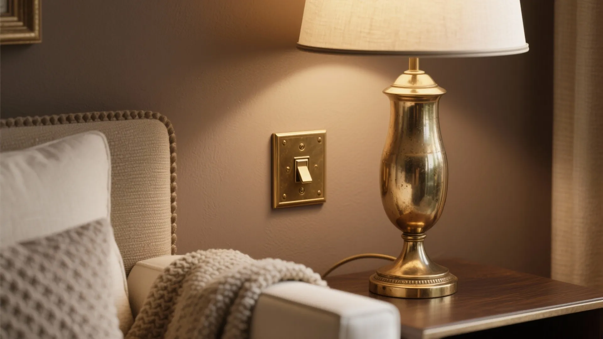 Close-up of aged brass lighting and textured textiles against warm taupe paint.