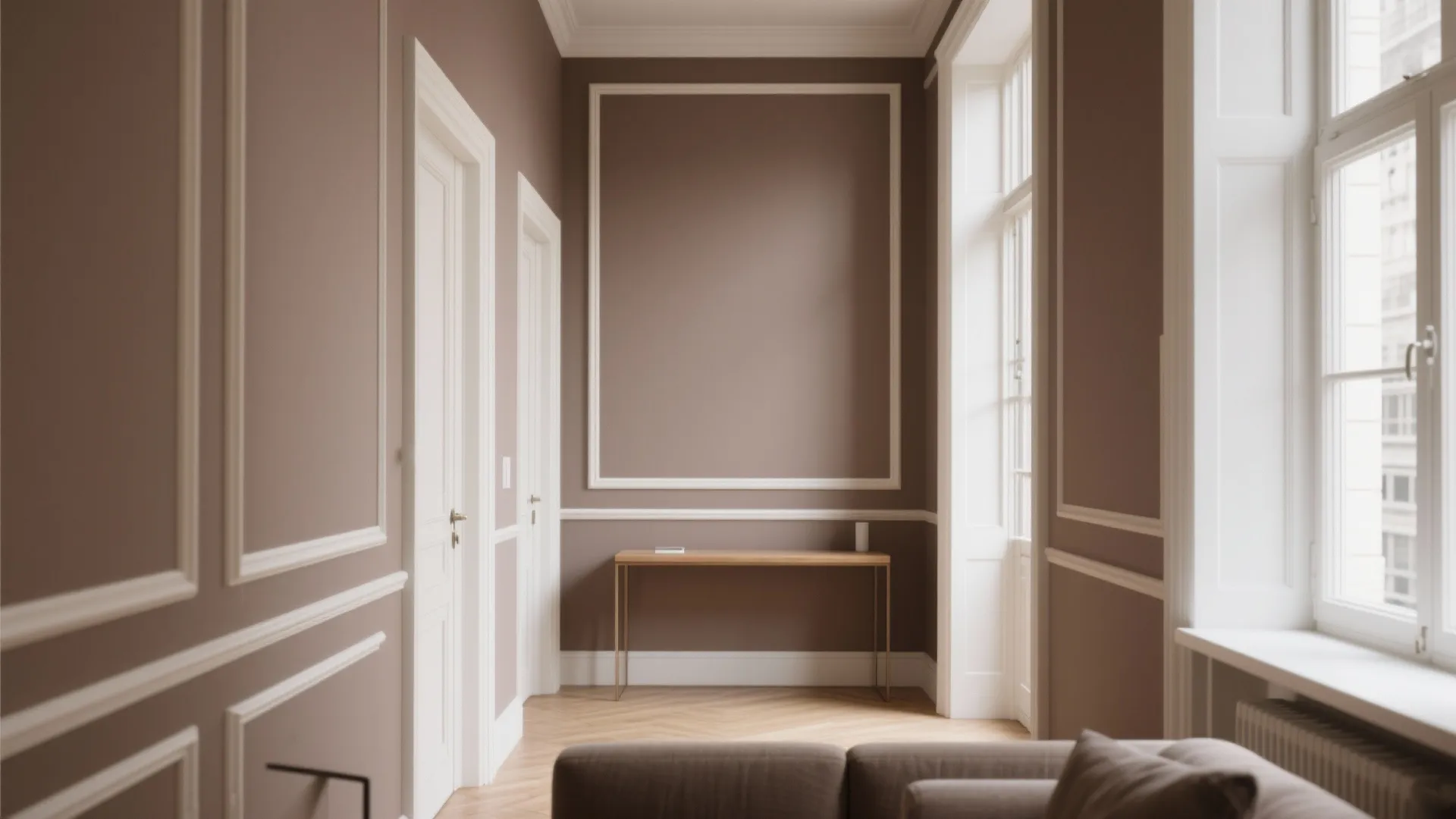 Narrow living room with warm taupe walls and crisp white trim lifting the ceiling visually.