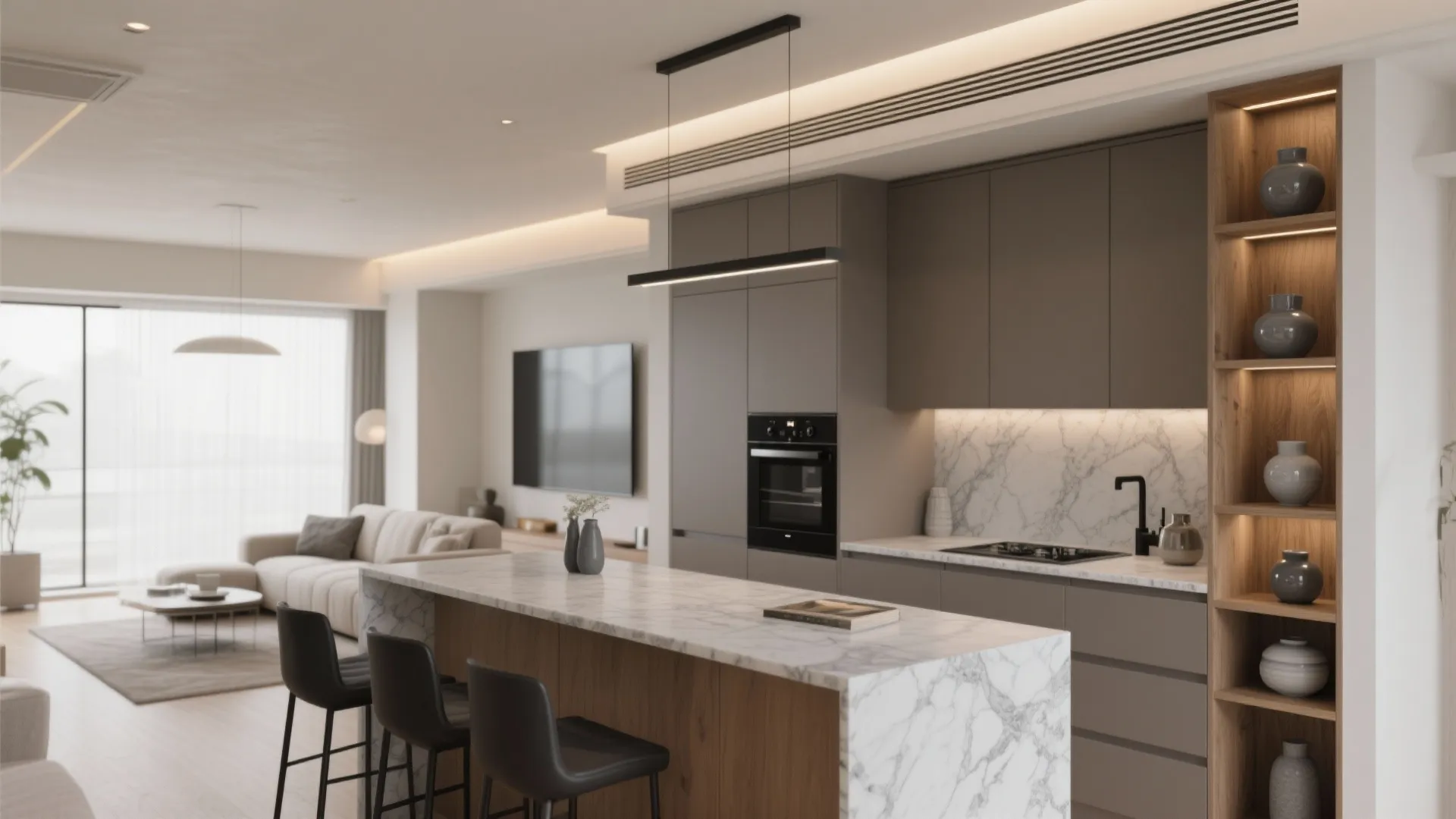 Modern kitchen island with marble surface black stools taupe cabinets and open living room background