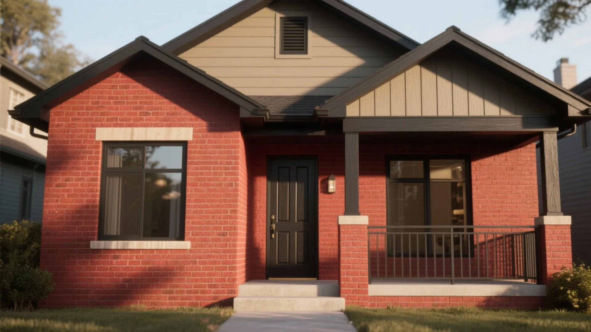 Red brick house with black front door black windows small porch and grey concrete path