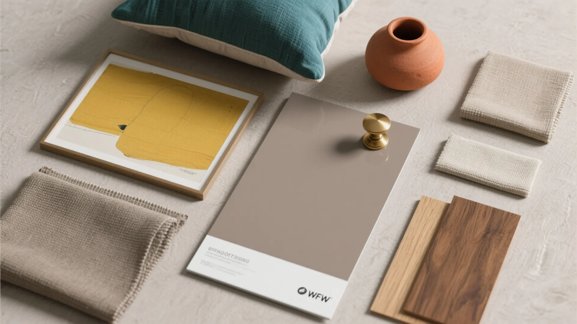 Top-down palette and material flatlay showing taupe background with teal, mustard, terracotta and brass samples.