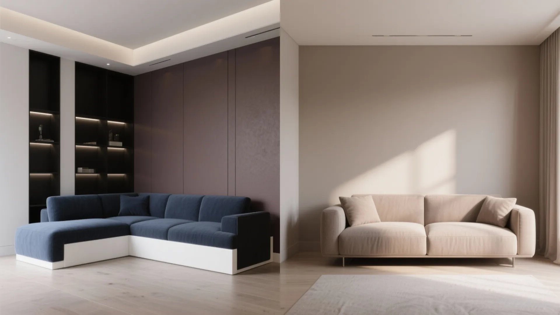 Side by side comparison of a dark blue sofa and a light beige sofa interior