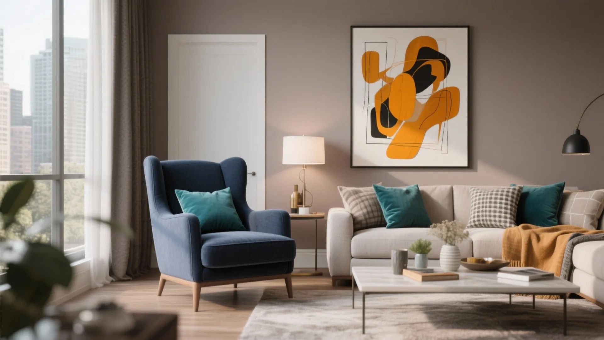 Modern living room with cool taupe walls and pops of teal, ochre, and deep navy.