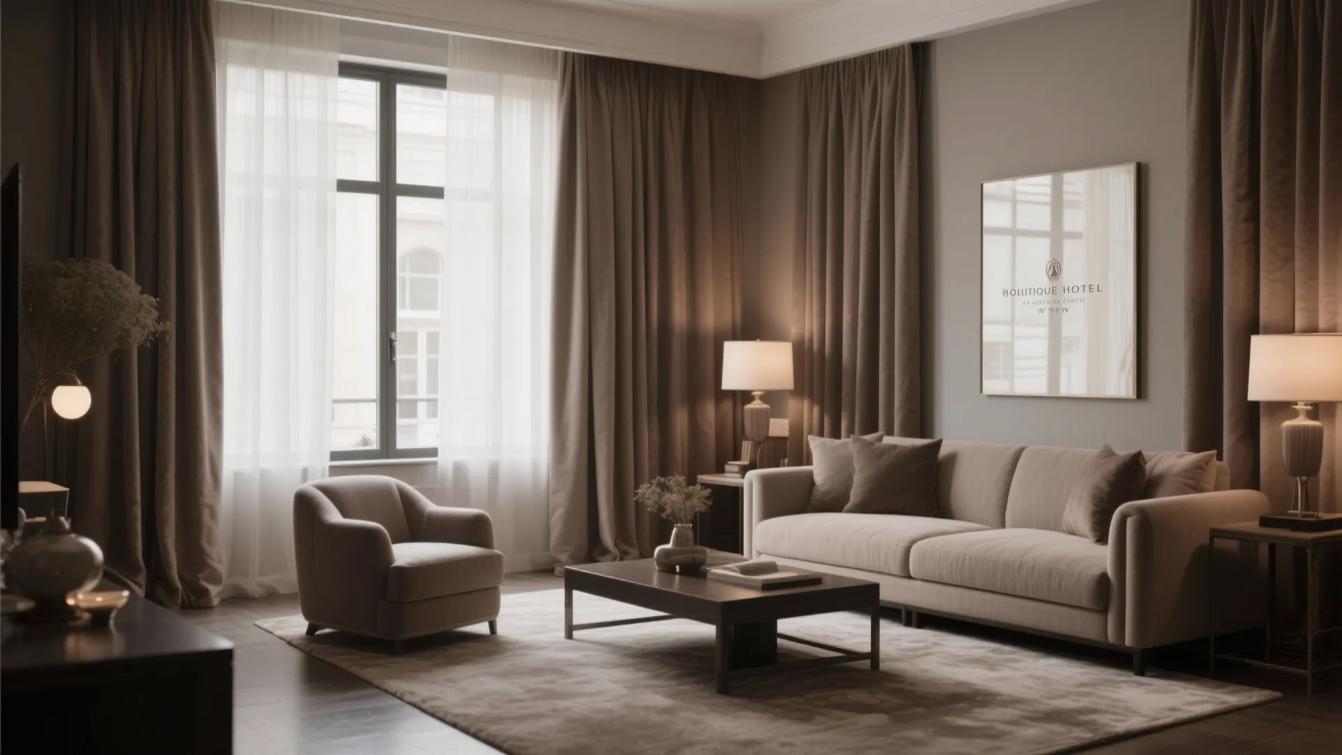 Elegant living room featuring long taupe curtains hanging beside a large window with natural light