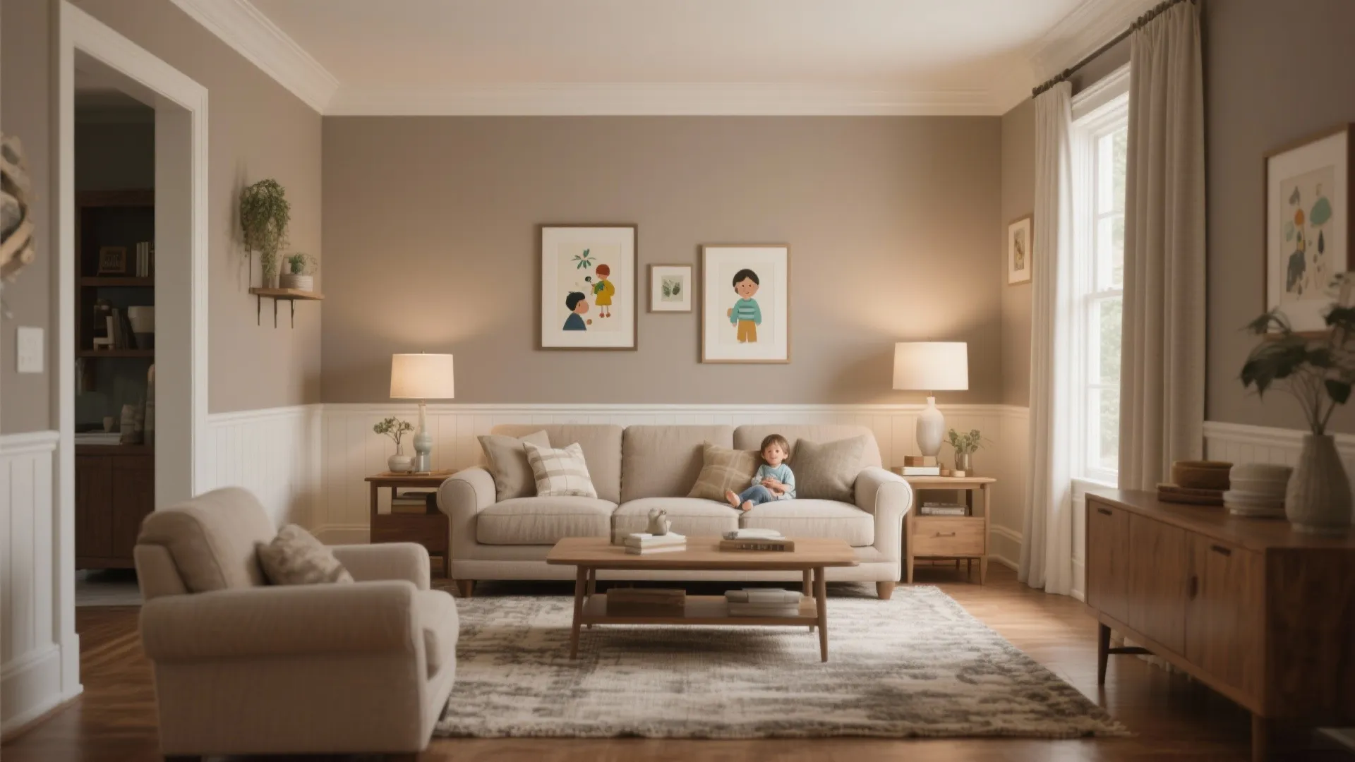 Family living room in warm beige taupe with layered lighting and durable, textured furnishings for a lived-in look.