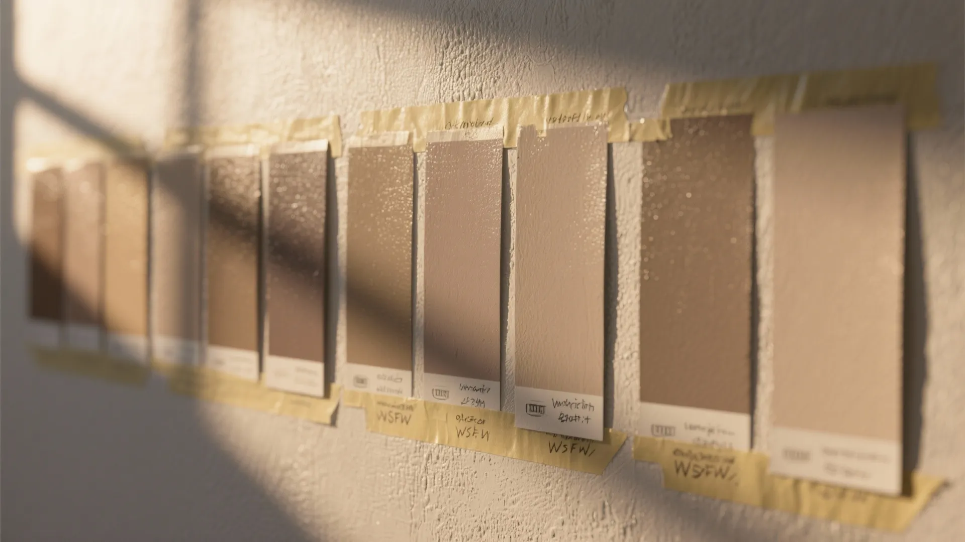 Close-up of taupe paint swatches showing different undertones under varying light conditions.