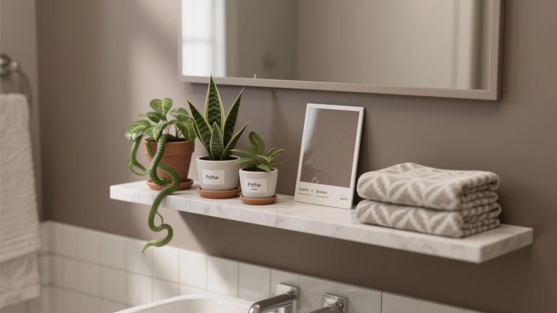 Shelf vignette with bathroom plants, sample of satin and semi-gloss taupe finishes, and subtle towels