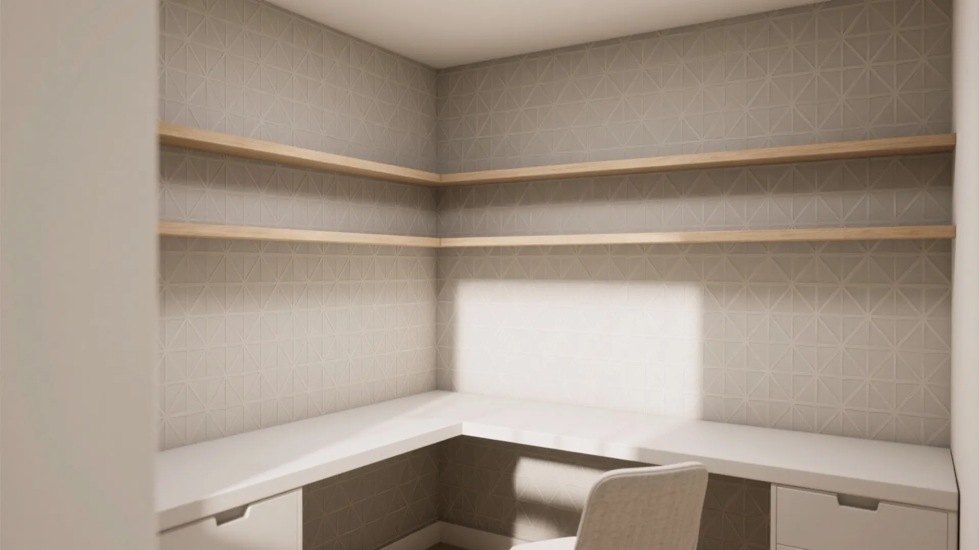 Modern home office corner featuring white corner desk wooden shelves patterned wallpaper and grey office chair