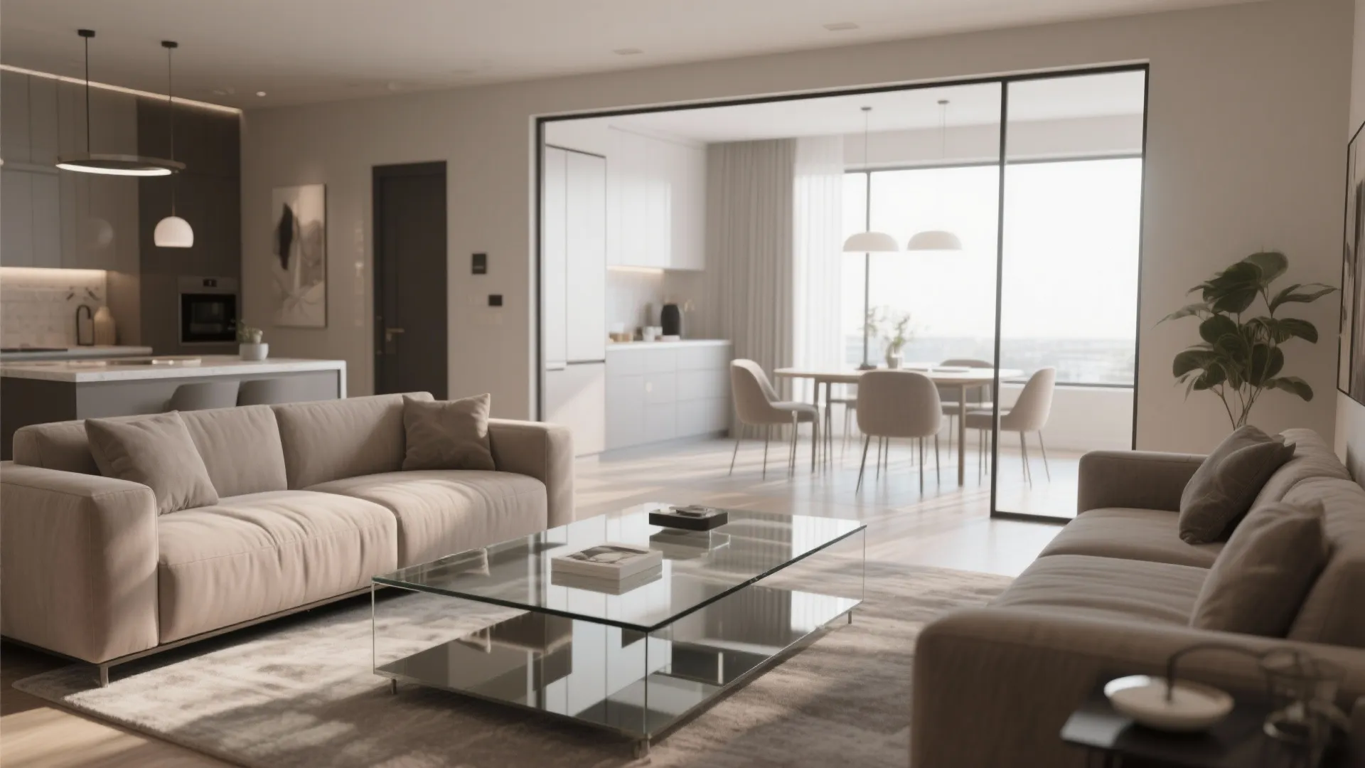 Minimalist living room with glass coffee table taupe sofa kitchen island and dining table with chairs