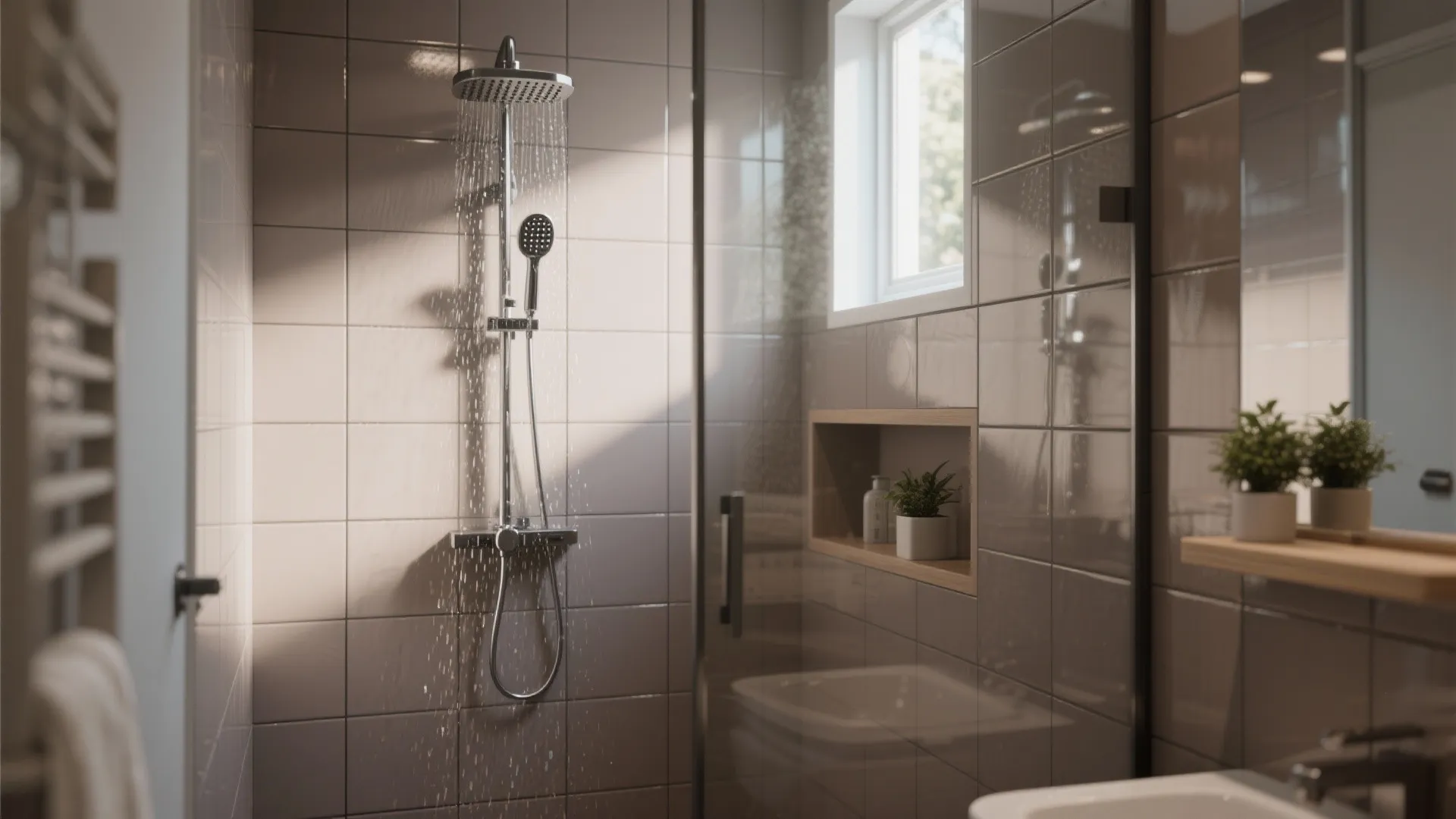2. Use glossy taupe tiles around wet zones