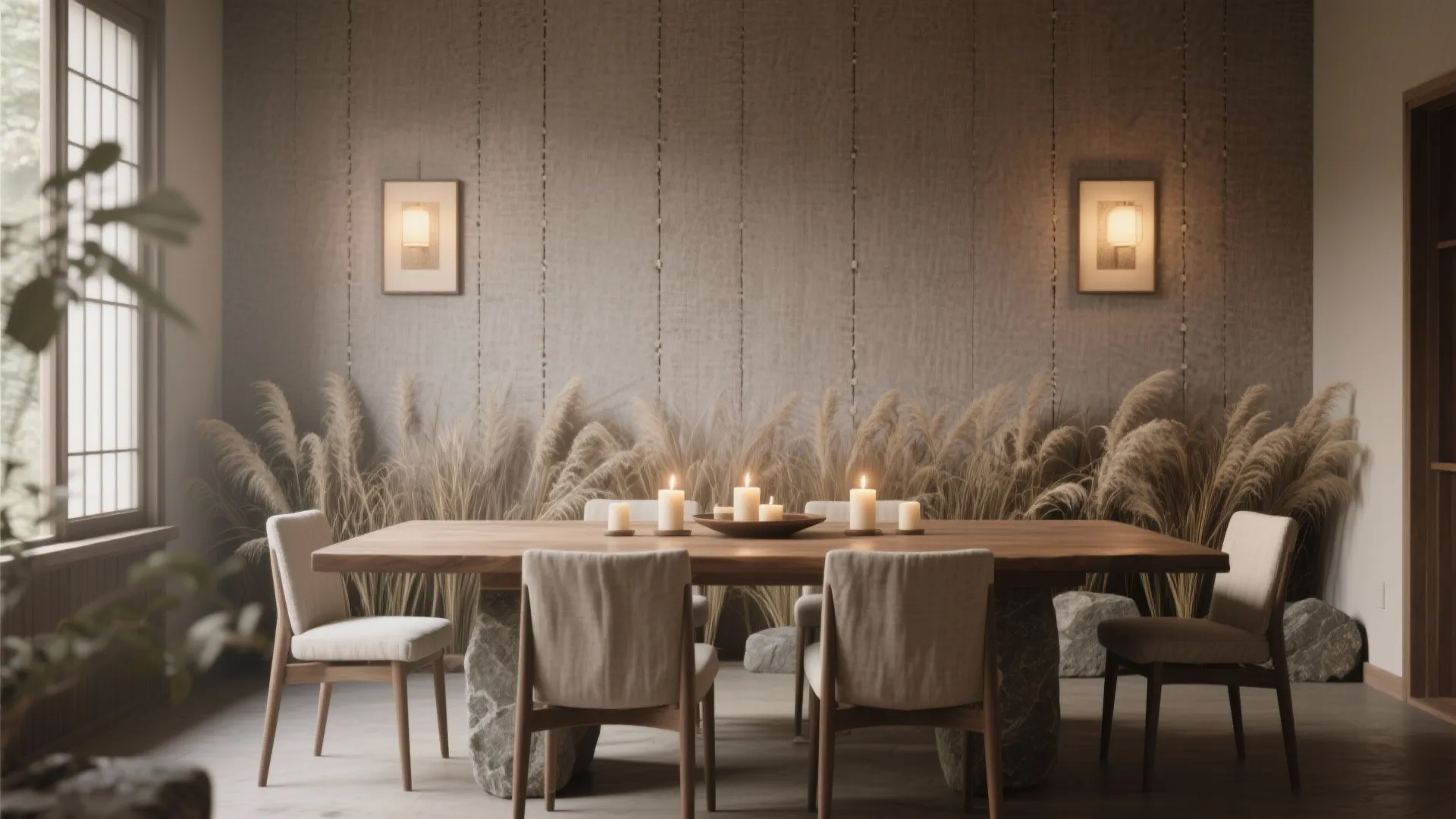 Dining room with a wooden table four chairs lit candles wall lights and decorative tall grass