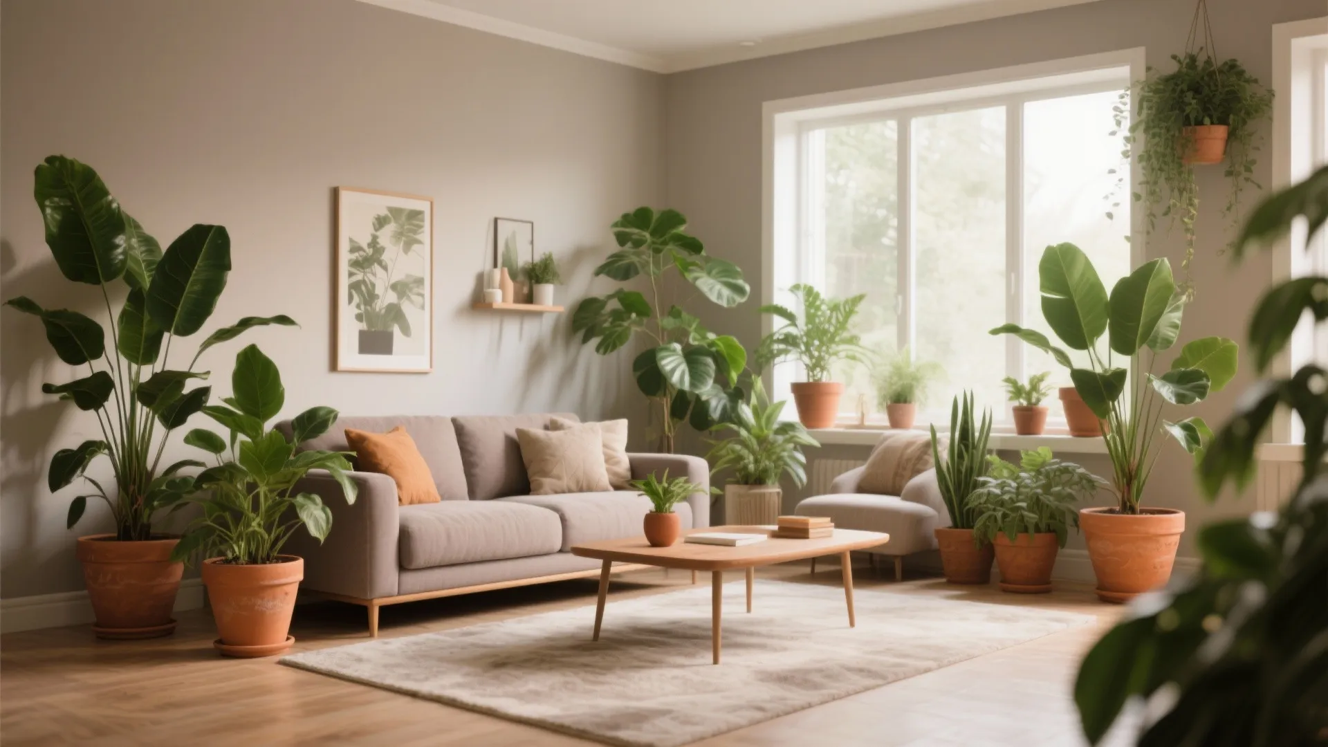 Modern living room with grey sofa wooden coffee table many potted green plants and natural light