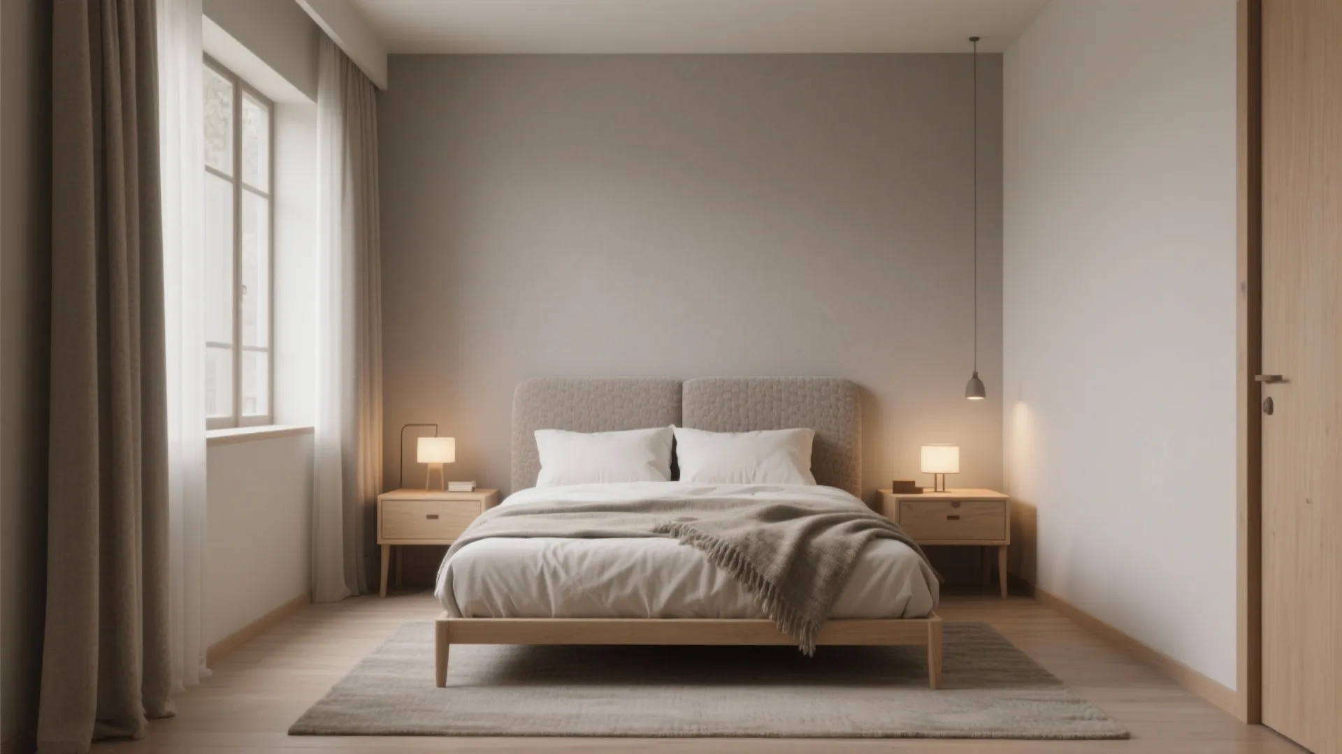 Minimalist bedroom with grey walls wooden bed two nightstands small lamps grey rug and curtains