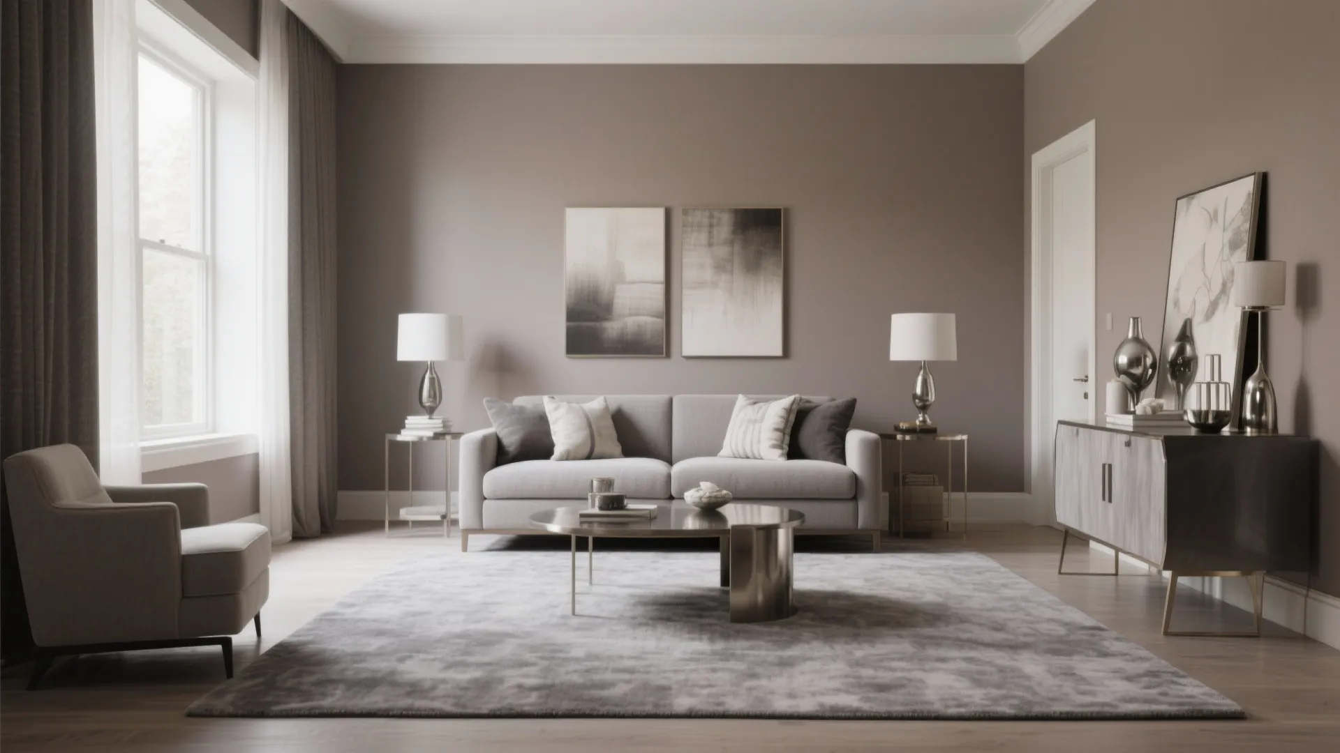 Transitional style living room with taupe walls and grey carpet