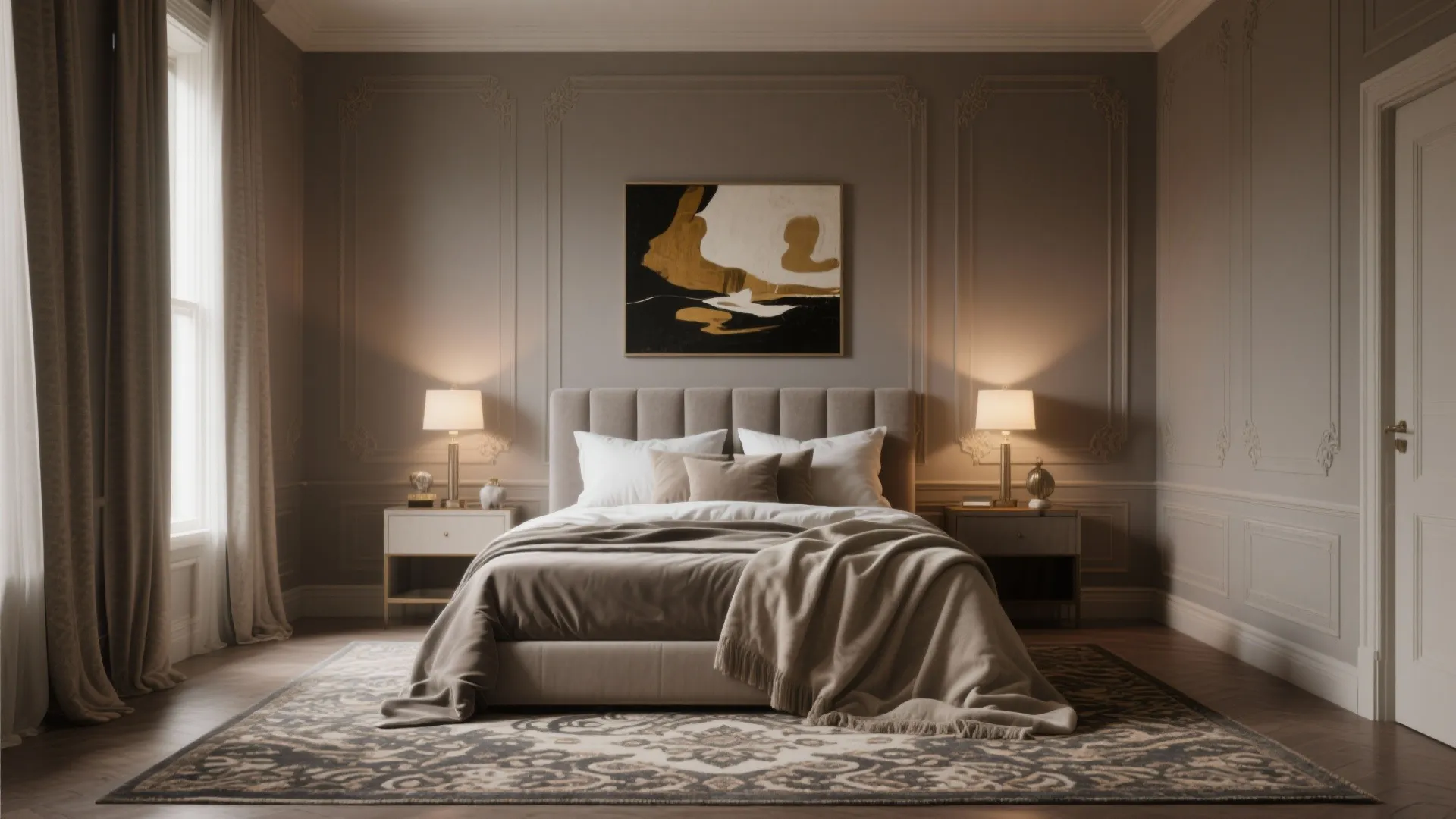 Elegant bedroom with warm taupe-grey walls and a patterned rug