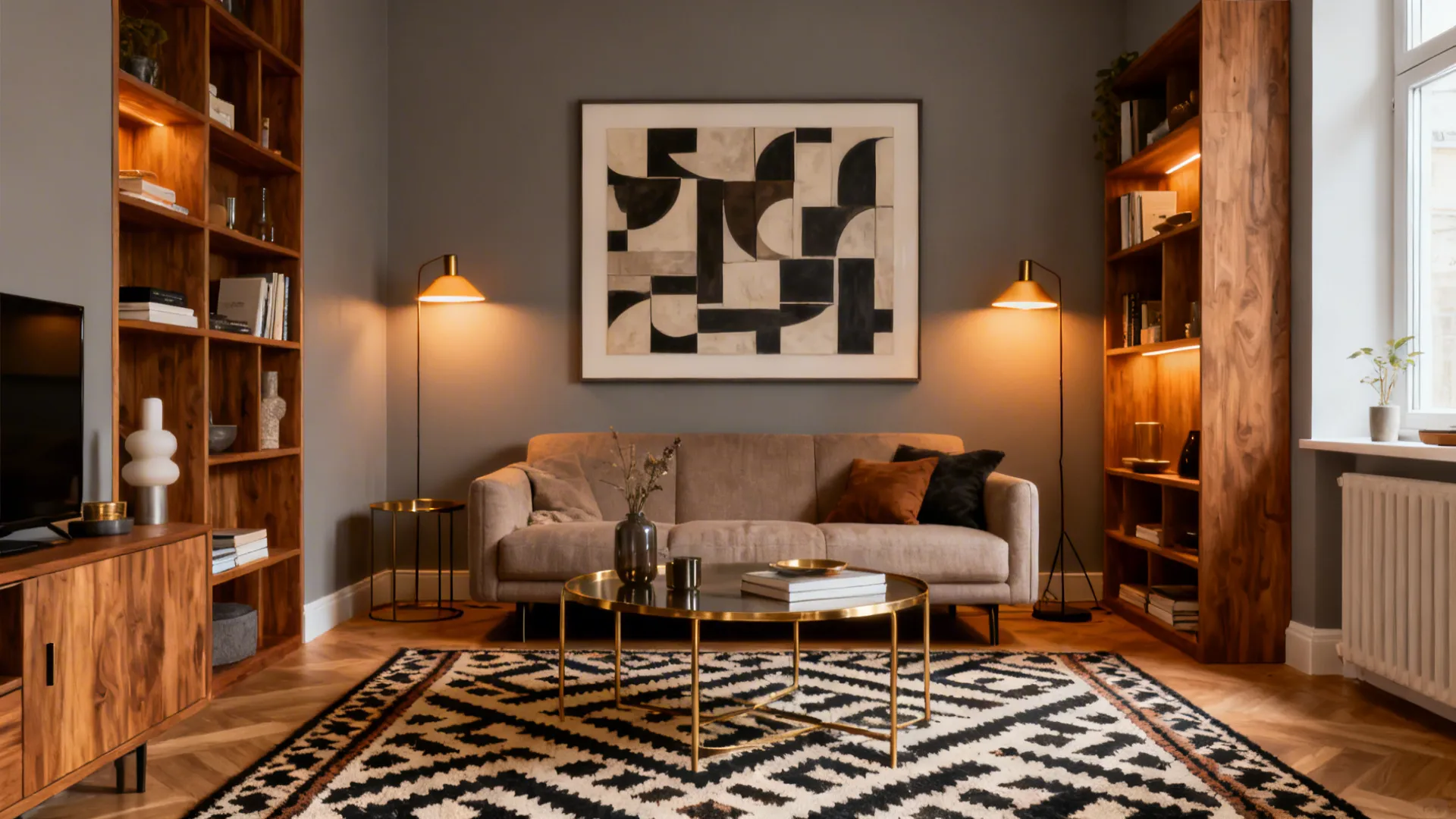Small living room with taupe-grey walls, bold rug, warm oak shelves, mixed metals, and cozy lighting.