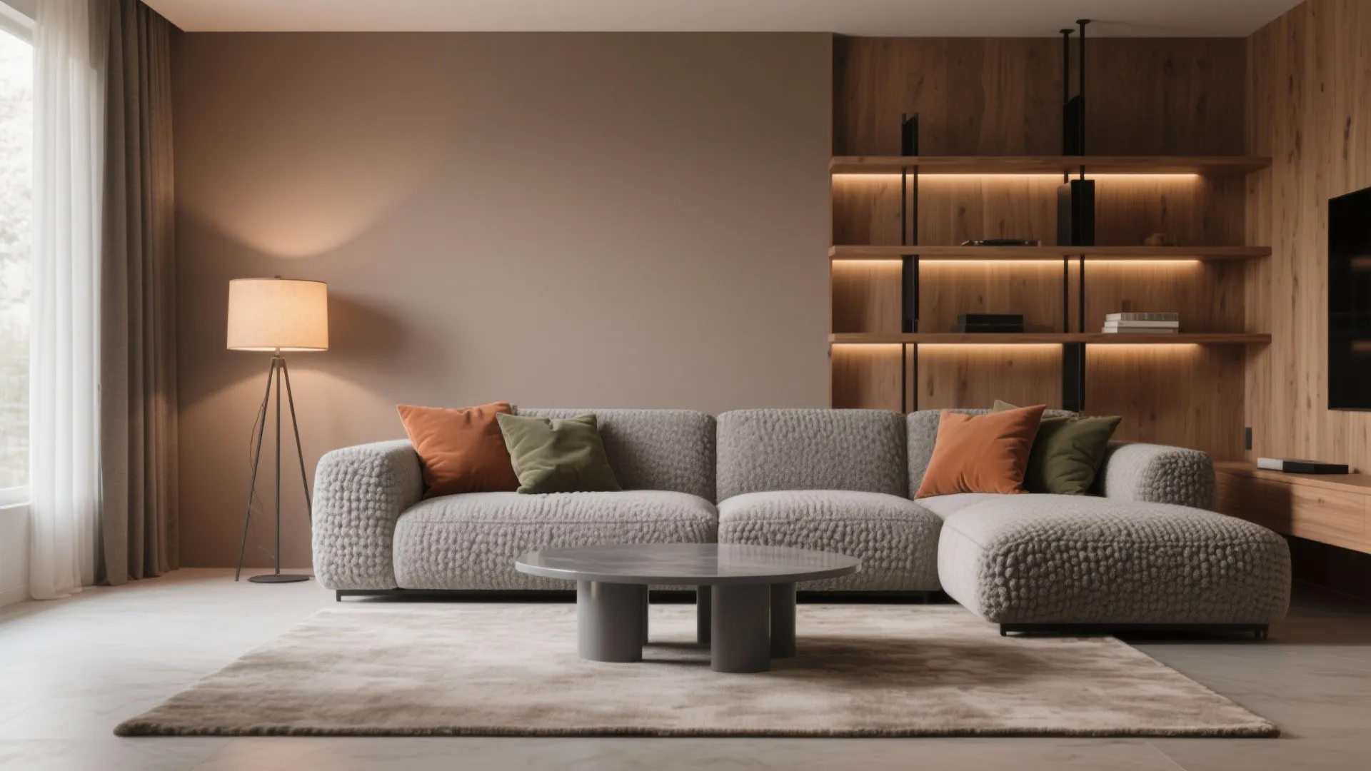 Modern living room with grey sofa orange pillows floor lamp wooden wall shelves and round table