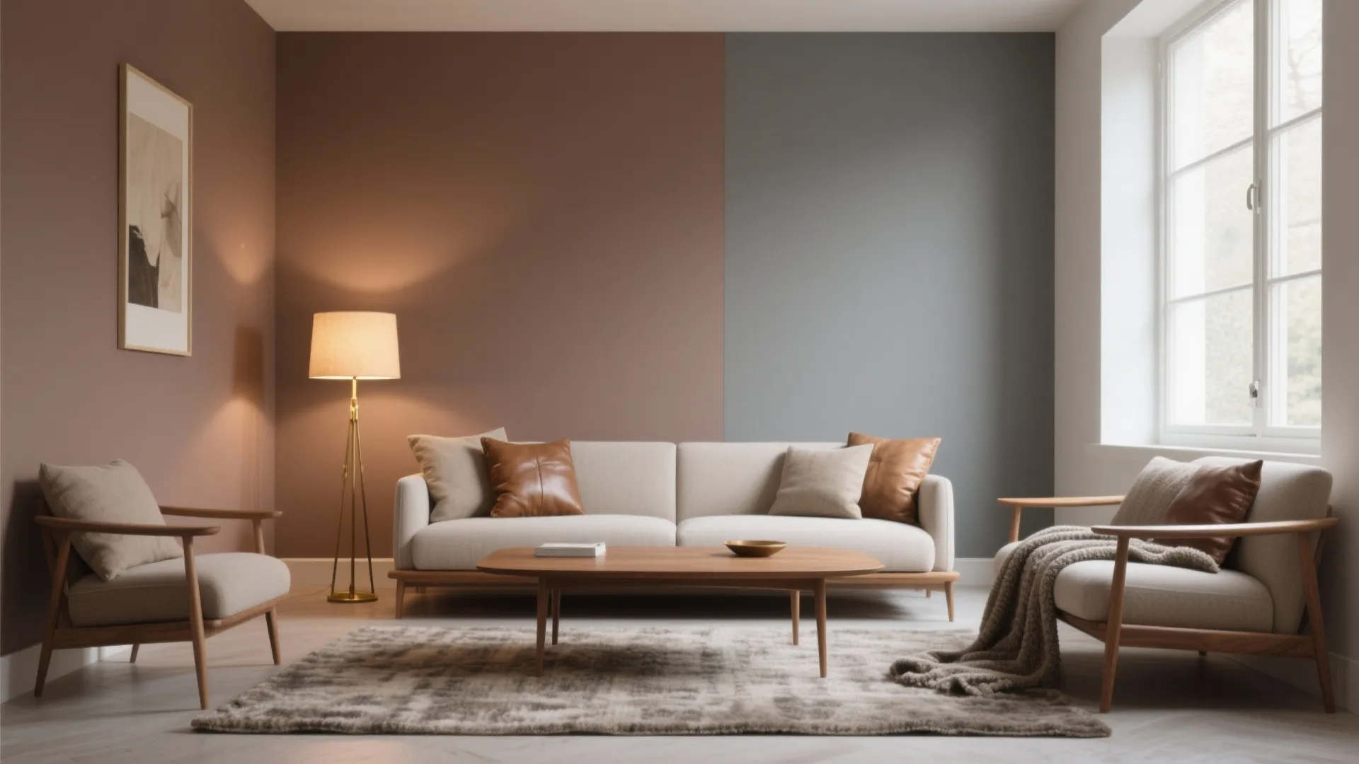 Modern living room featuring taupe and grey walls with cream sofa wooden table and rug
