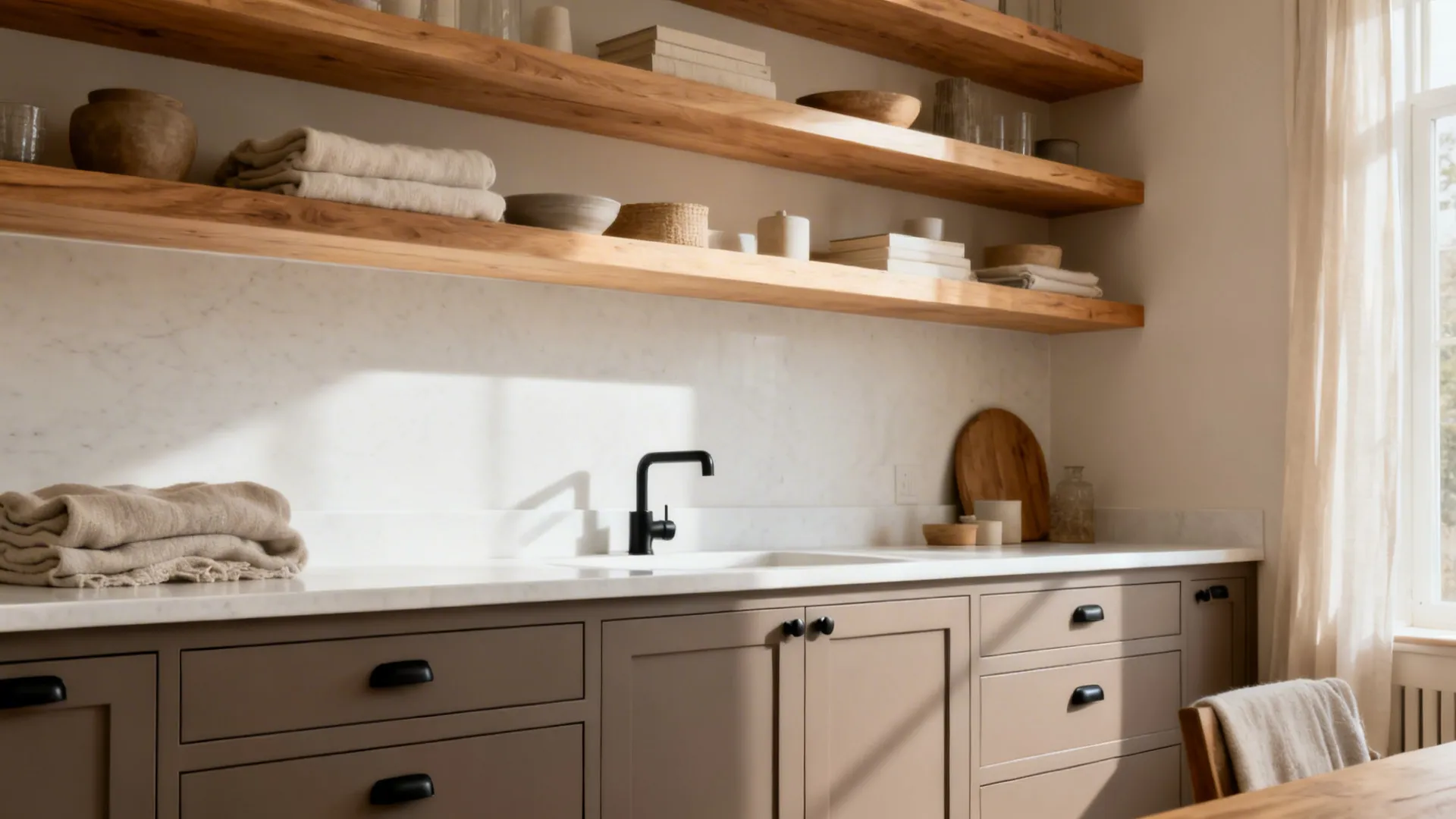 Japandi small kitchen with taupe-grey cabinets and natural oak shelves.