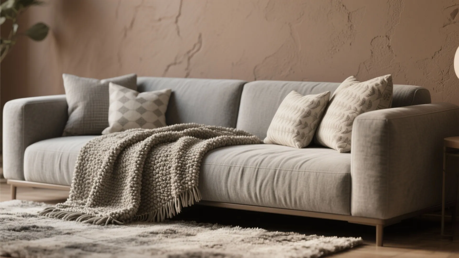 Grey fabric sofa with decorative pillows and thick knit blanket against a textured brown wall