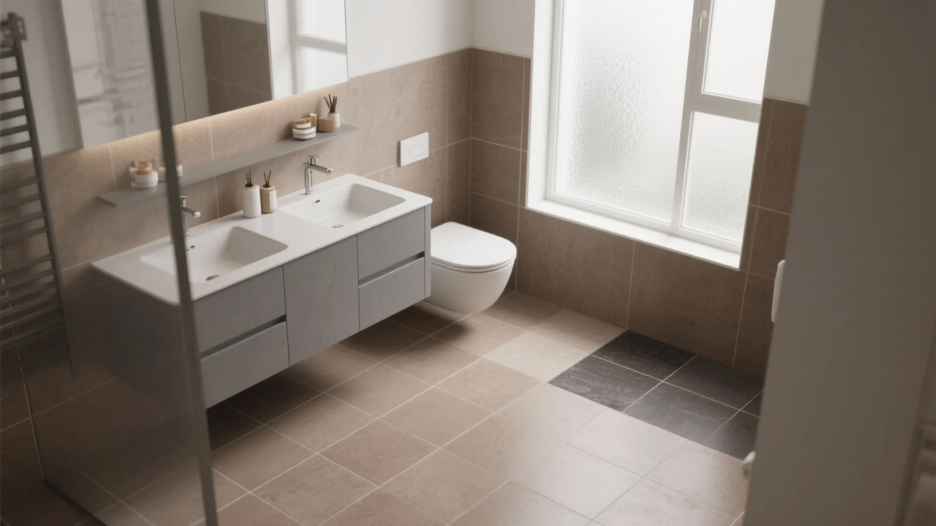 1. Warm taupe tiles + cool grey vanity