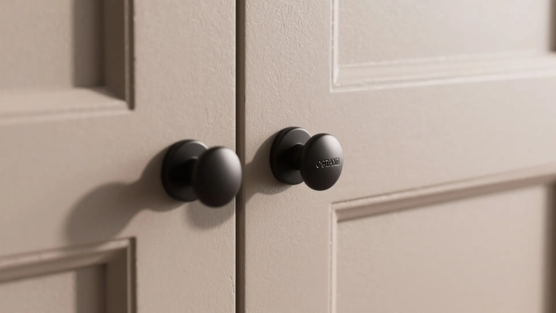 Close up of black round door handles on a light brown cabinet in a house