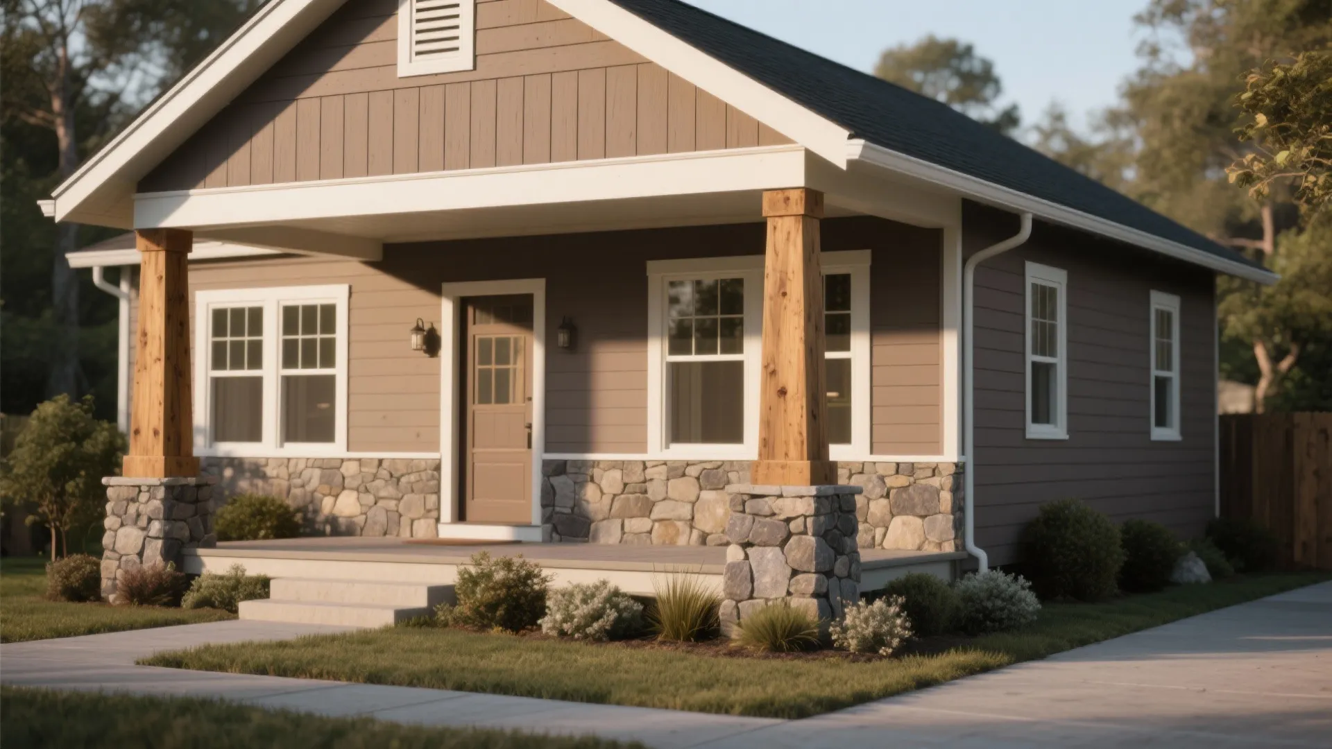 Modern taupe house with stone wall panel, white windows, wooden porch pillars, and green grass