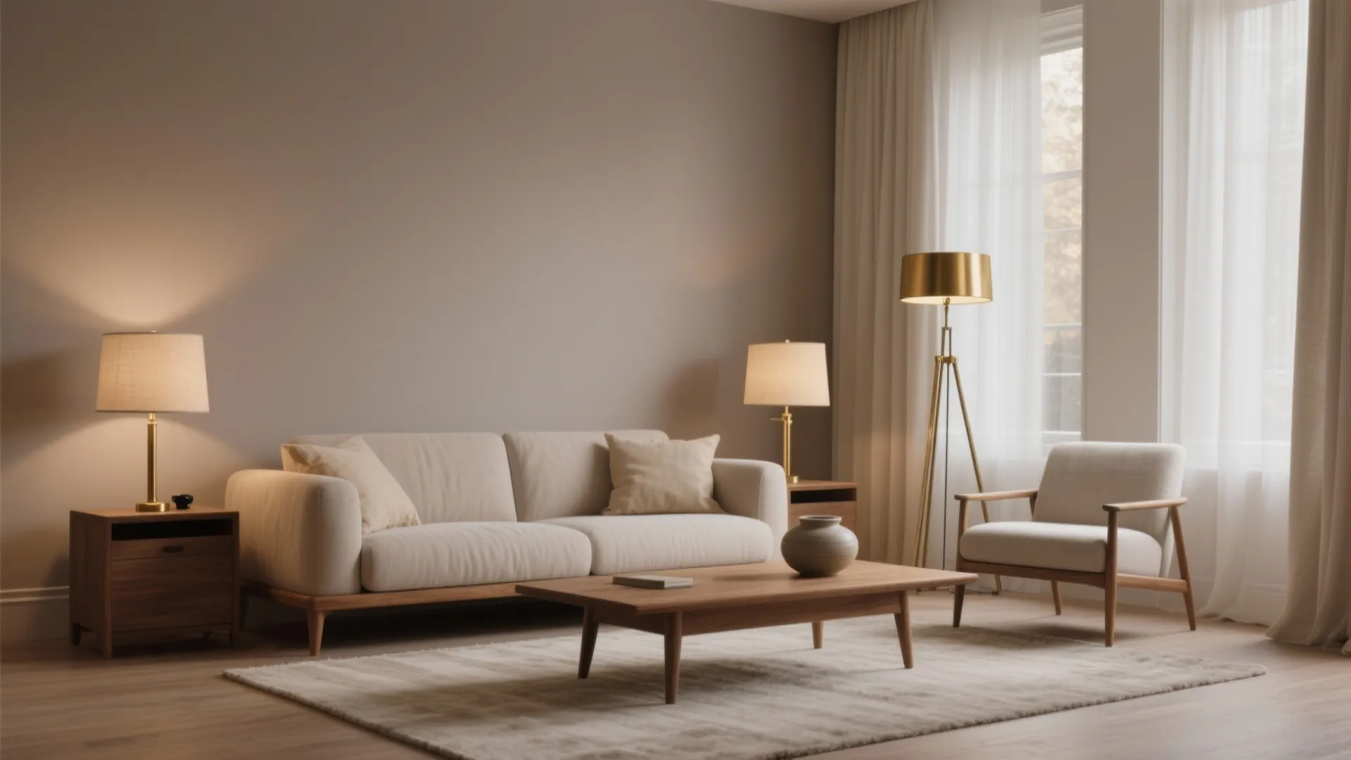 Warm living room with cream sofa, armchair, wooden coffee table, gold floor lamp, and curtains