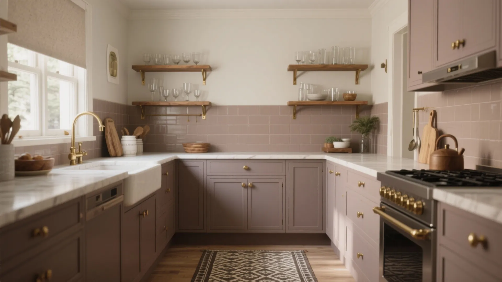 Small kitchen with taupe lower cabinets, light upper walls, taupe backsplash, and brass hardware.