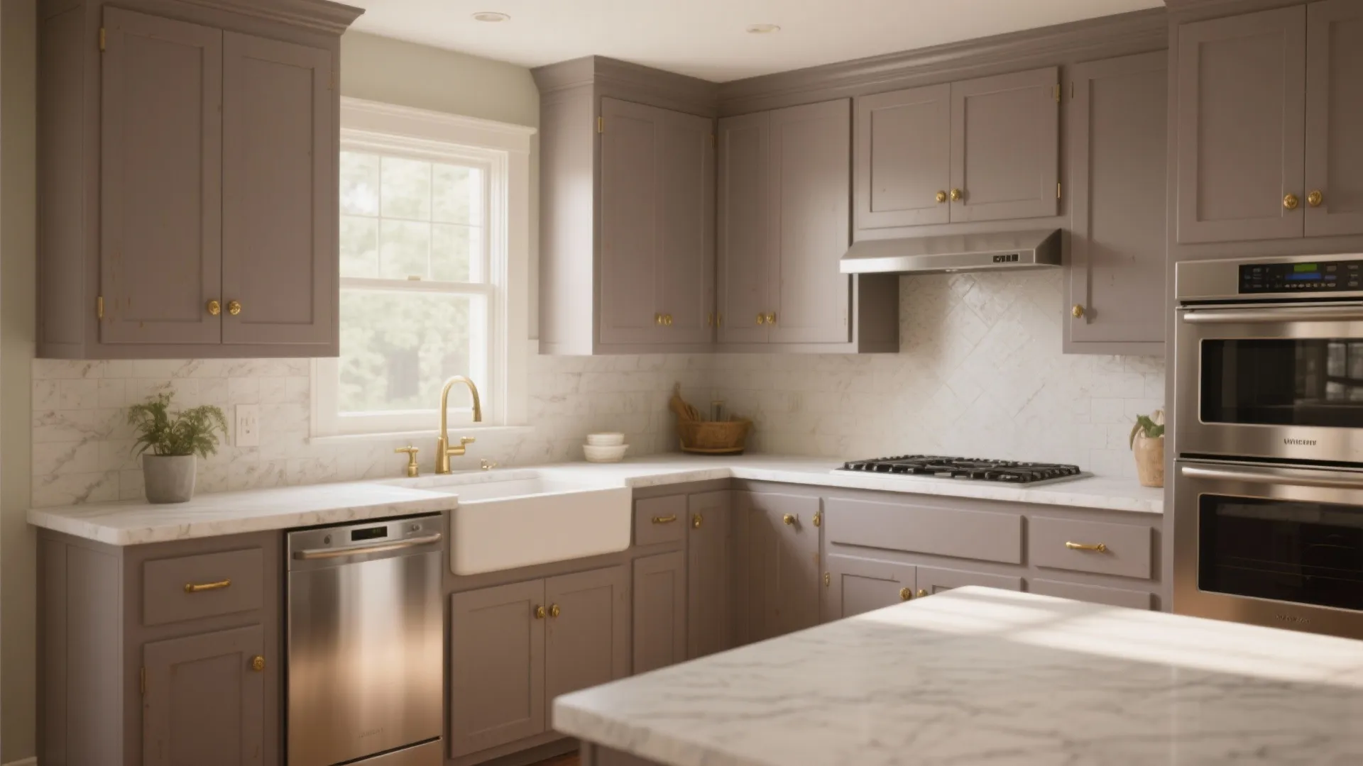 Modern kitchen with grey cabinets white marble countertops gold faucet and stainless steel kitchen appliances