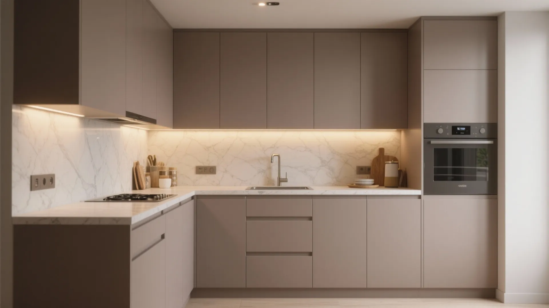 Modern kitchen with brown cabinets, marble wall panel, built-in oven, sink, and warm under-cabinet lighting