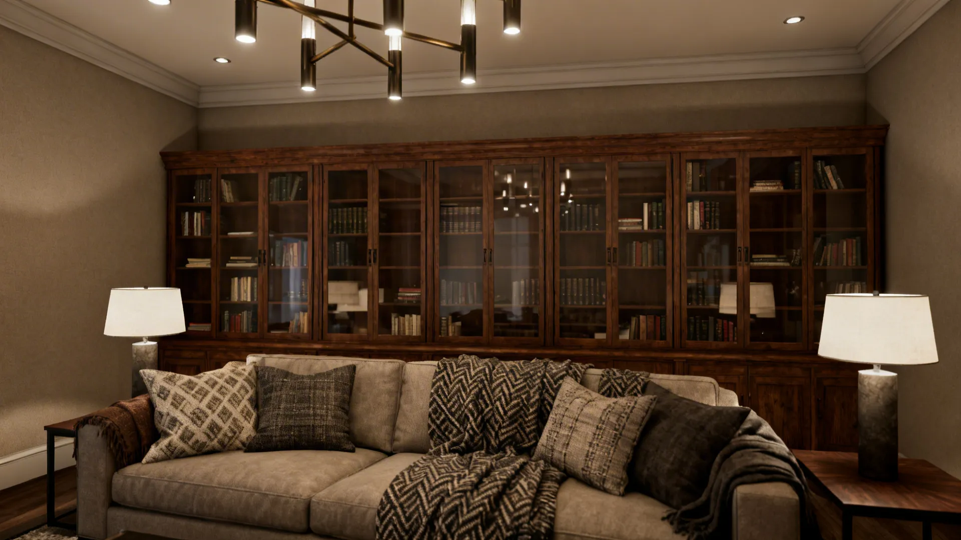 Cozy living room in warm taupe with layered textiles and mixed lighting for depth