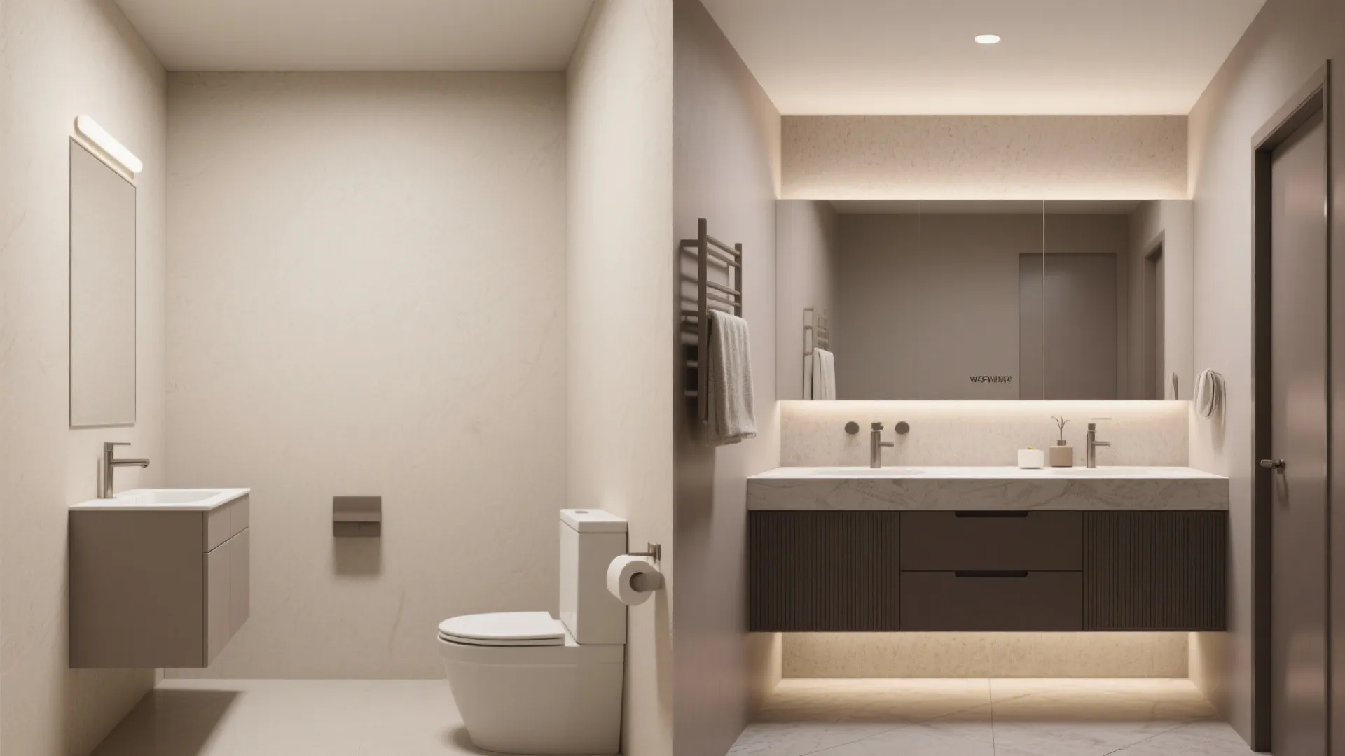 Comparison of a simple beige bathroom versus a luxury modern bathroom with large lighted mirror