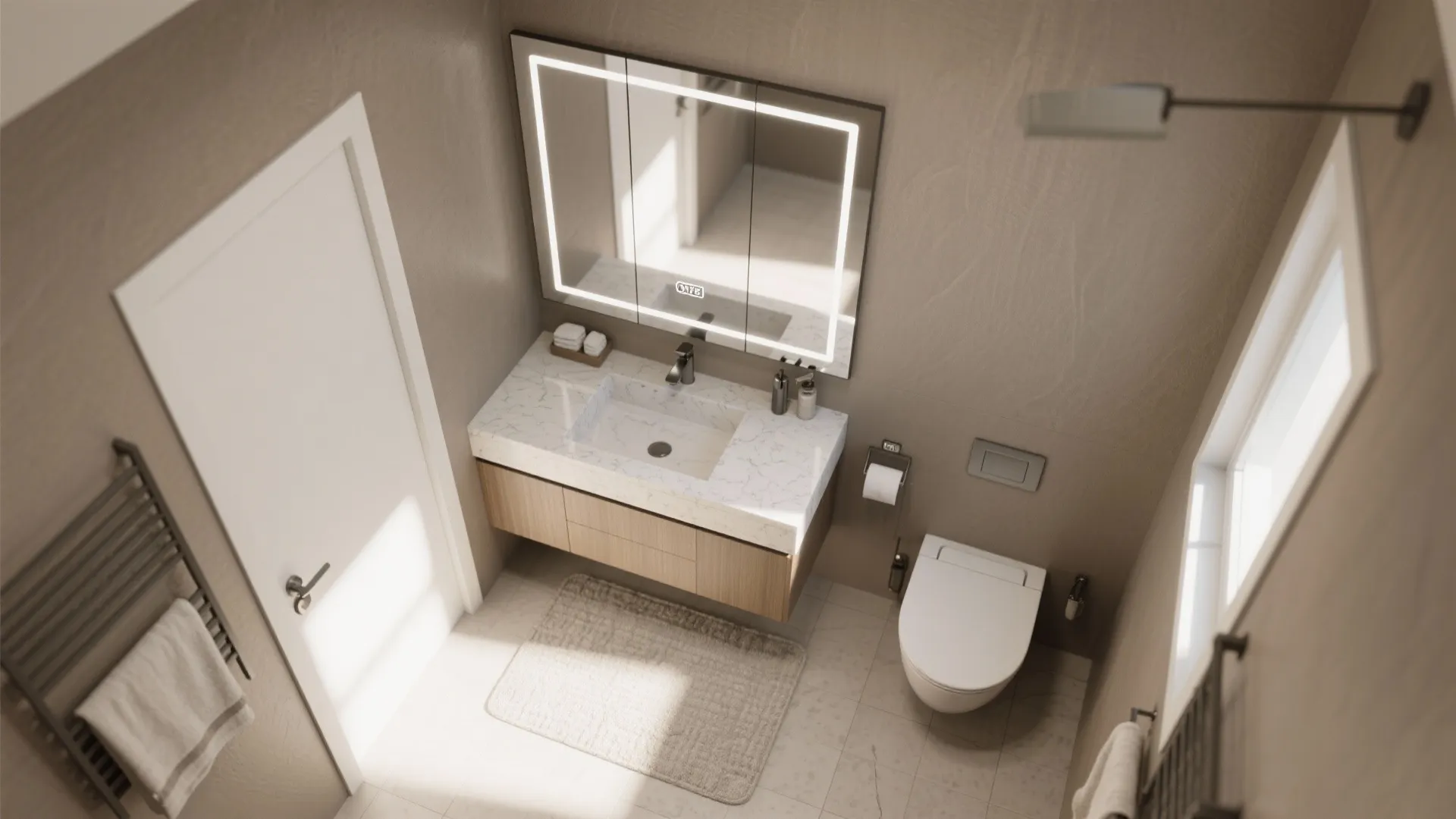 Top-down 3D mockup of a small taupe bathroom showing counter, mirror, and fixture placement