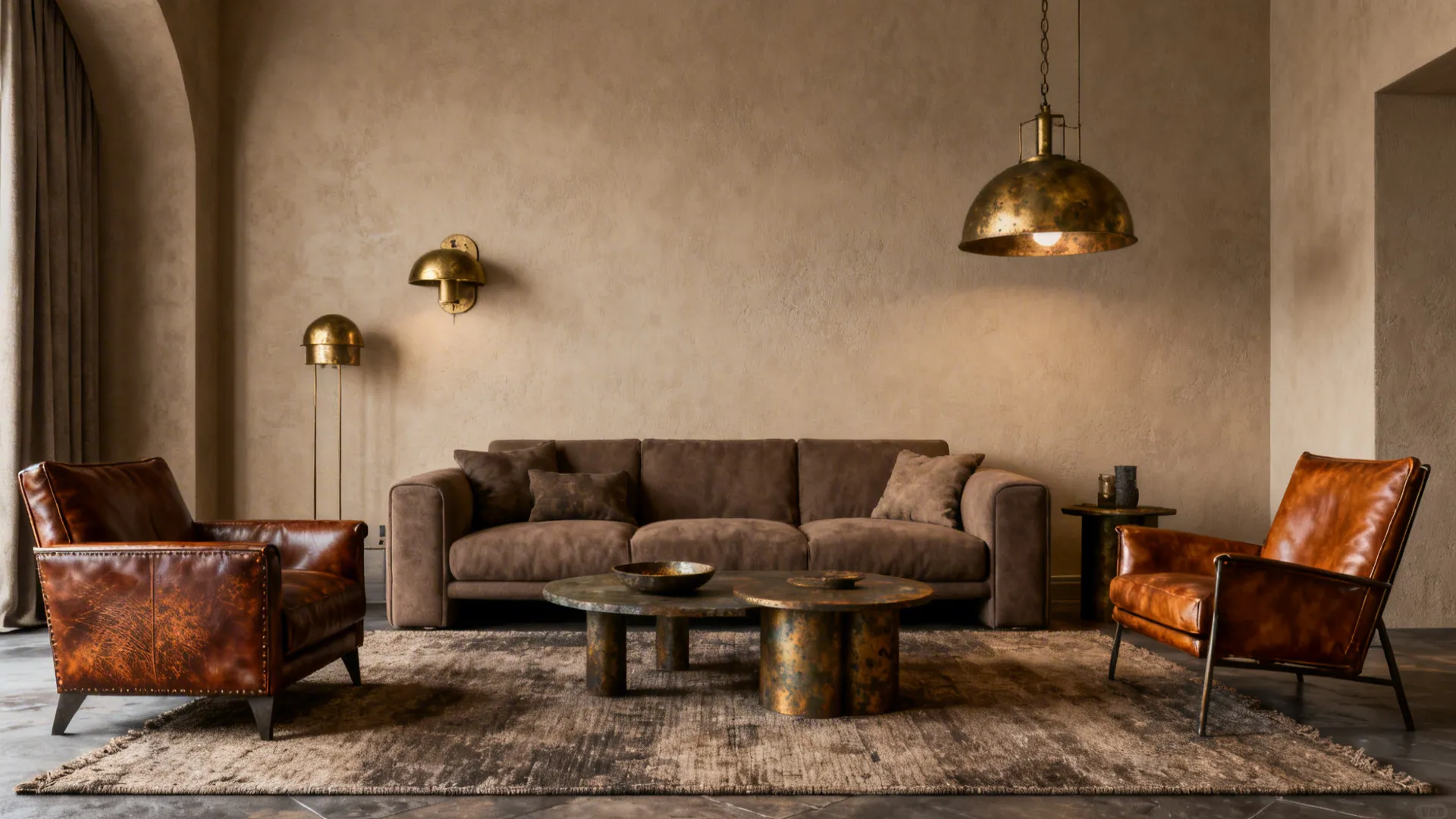 Brown sofa, leather chairs, metal coffee tables, ceiling light, and textured walls in rustic room