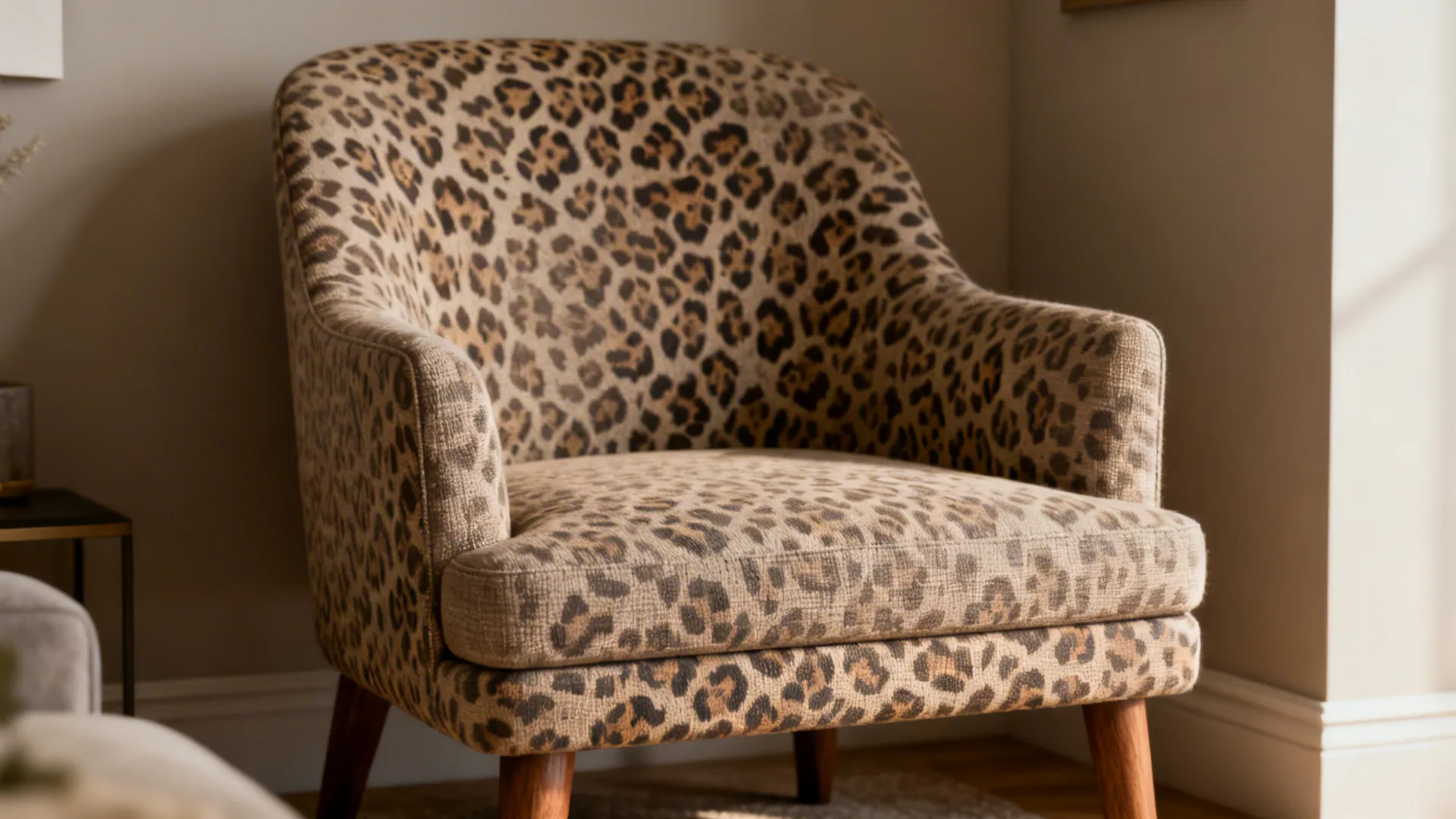 Taupe leopard-print accent chair close-up showing fabric texture and weave