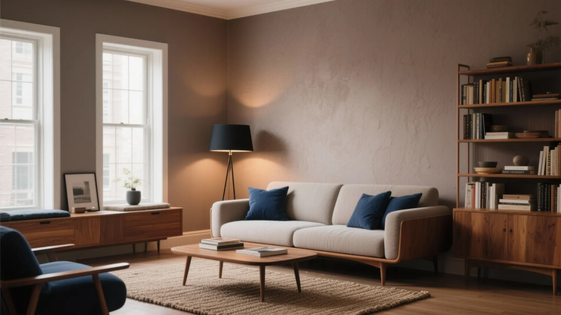 Modern living room with taupe walls cream sofa blue pillows wooden coffee table and bookshelf