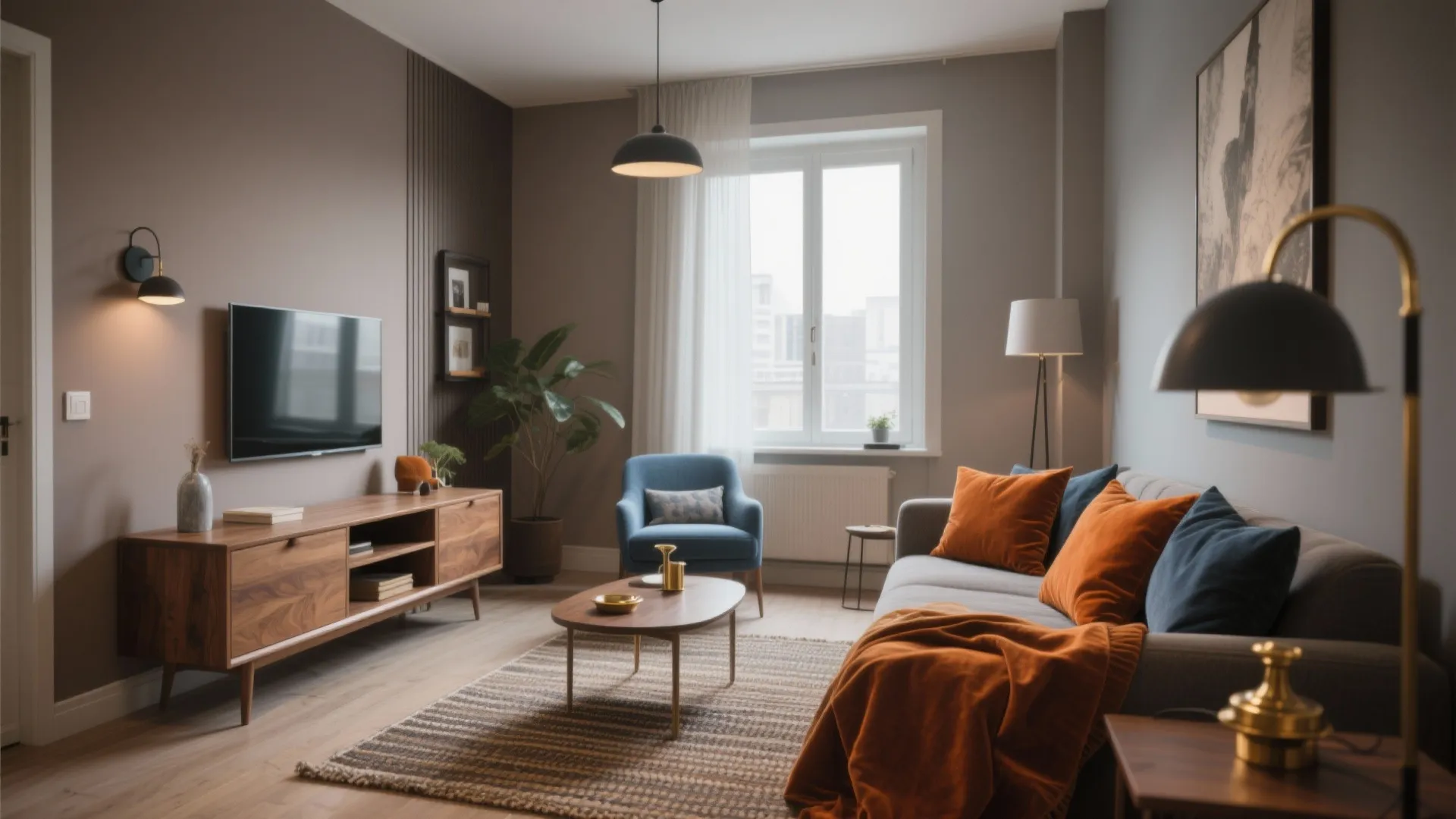 Modern taupe living room featuring a wooden cabinet blue armchair grey sofa and orange pillows