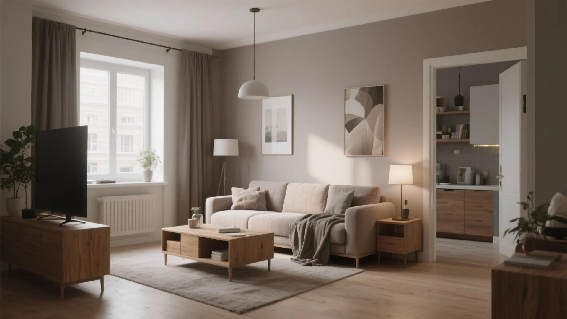 Warm living room interior with grey sofa wooden furniture ceiling light and view into kitchen