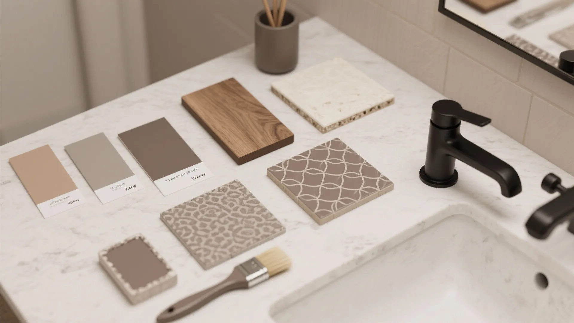Interior design materials including wood tile and color samples on a white marble bathroom sink counter