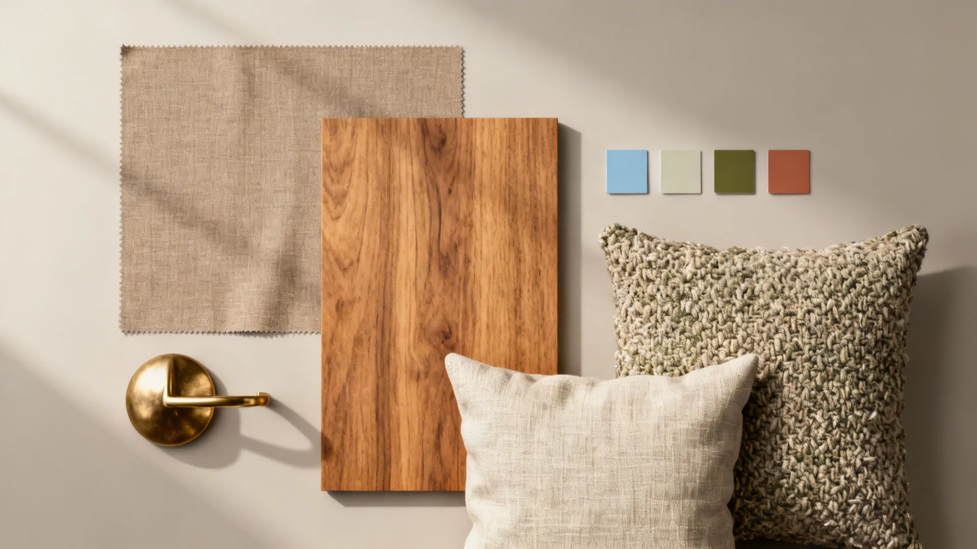 Flatlay of taupe fabric swatches, warm wood, brass sample, and accent color chips.