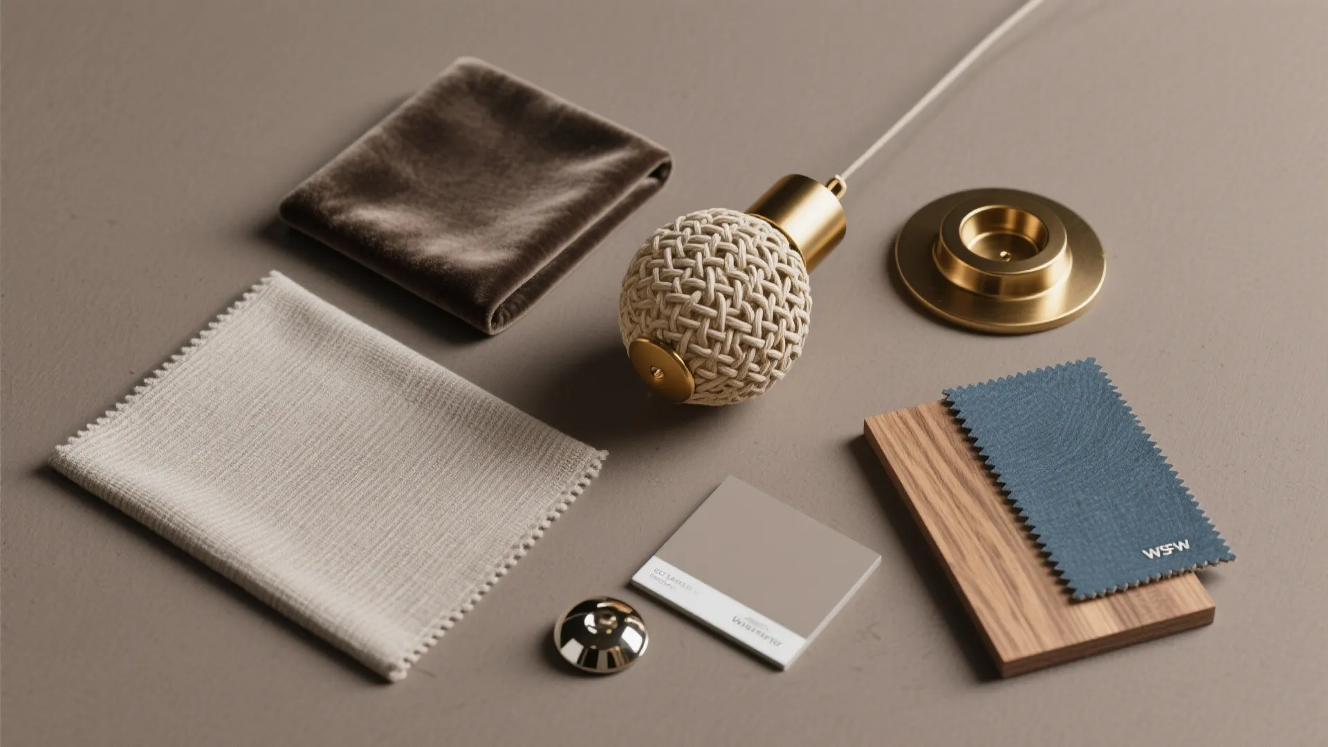 Interior design material board with fabric swatches wood samples paint chips and a light fixture