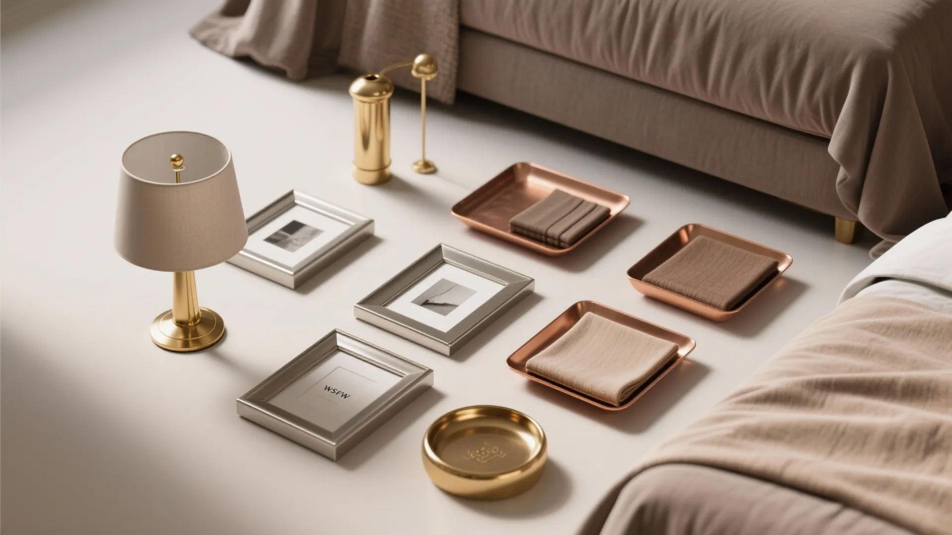 Flat lay of gold, nickel, and copper accessories on taupe fabric