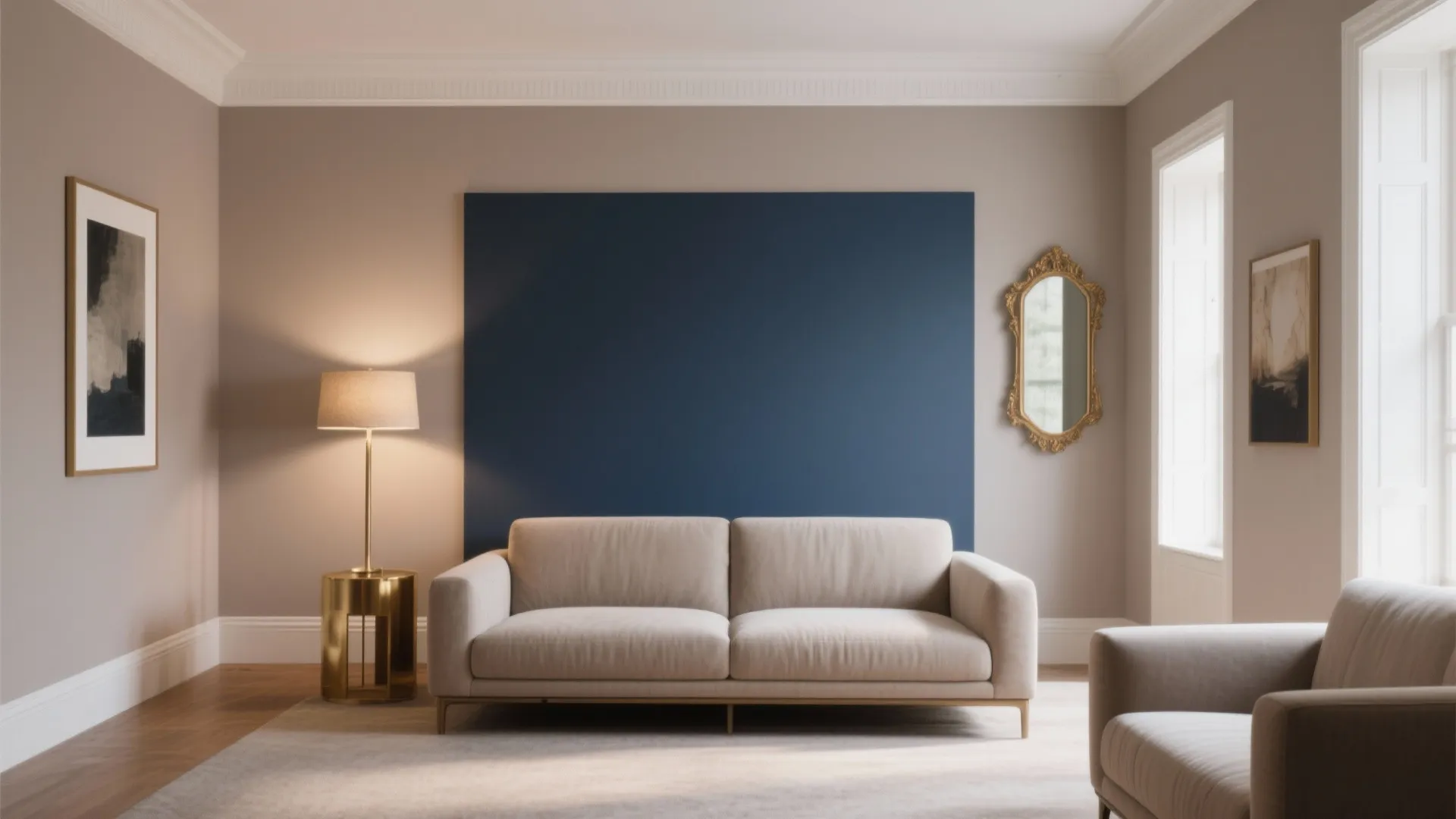 2) Navy Accent + Taupe Walls + Brushed Brass Moments